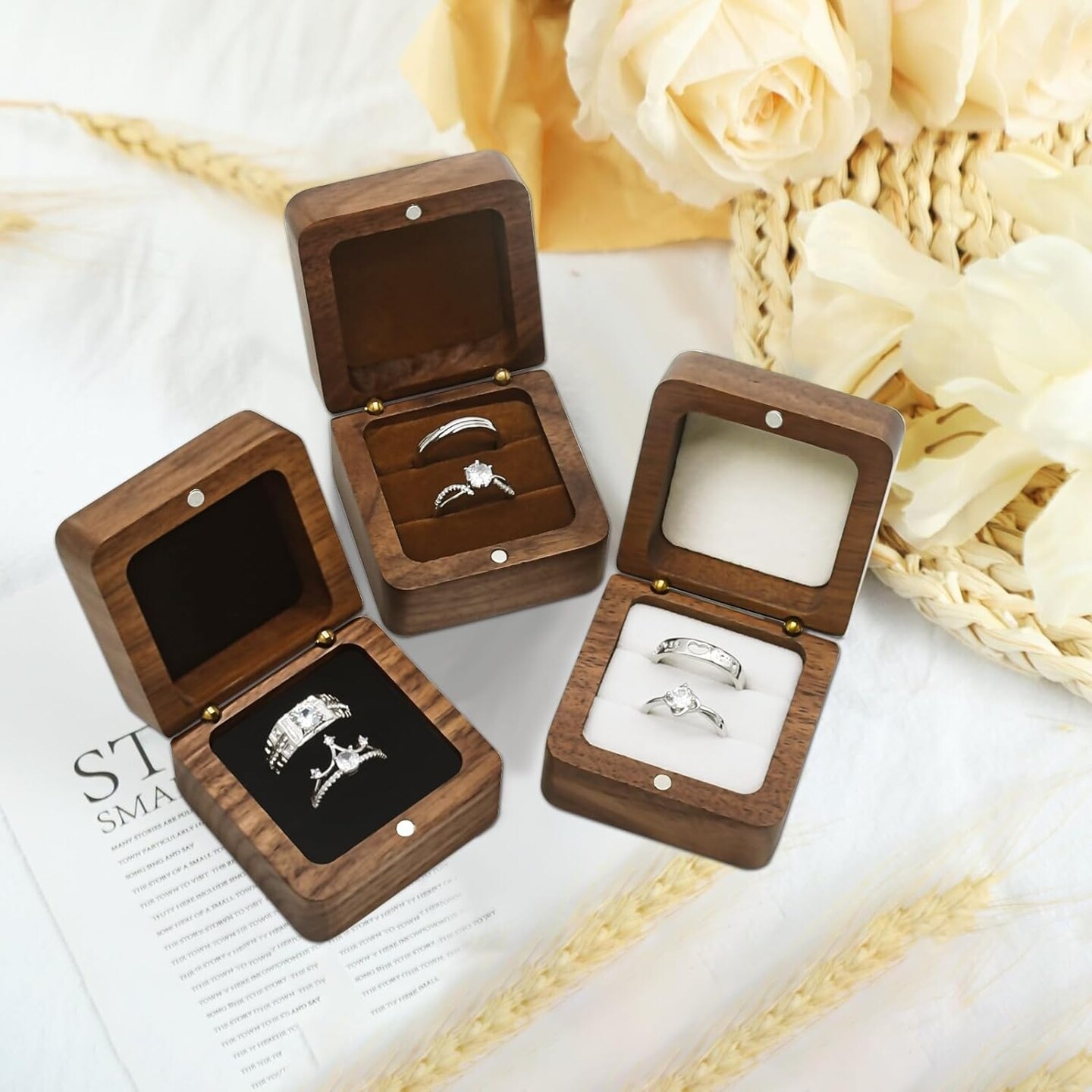 Wooden Ring Box for Wedding Ceremony 2 Slots,Small Square Solid Wood Double Ring Holder Case Box,Vintage Ring Bearer Box for Engagement Proposal,Rustic Jewelry Gift Storage Box-Black