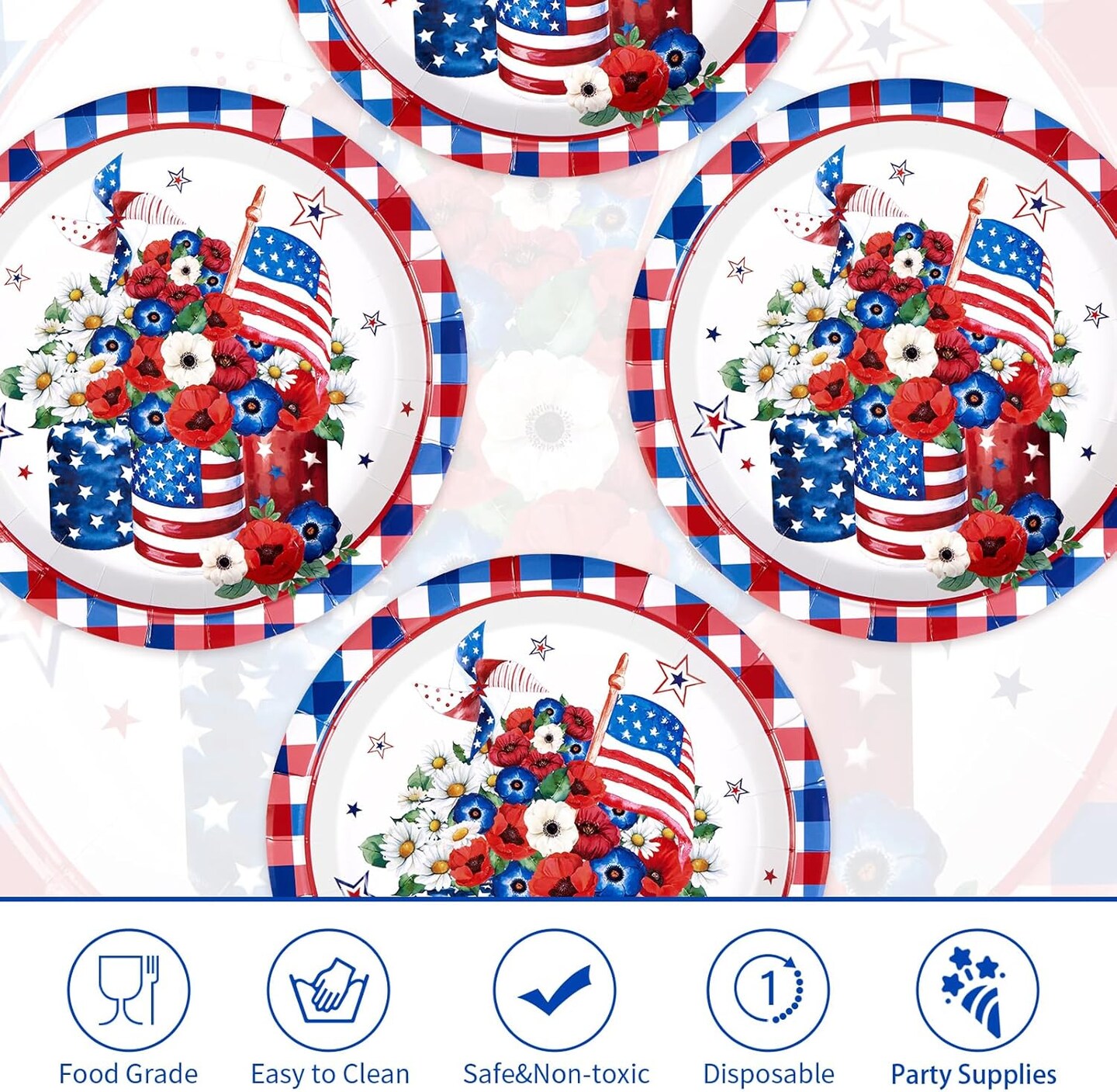 50Pcs 4th of July Flower Memorial Day Plates 10" Buffalo Plaid Vases Flowers Patriotic Plates Disposable American Flag Tableware for 4th of July Independence Day Veterans Day Party Decor