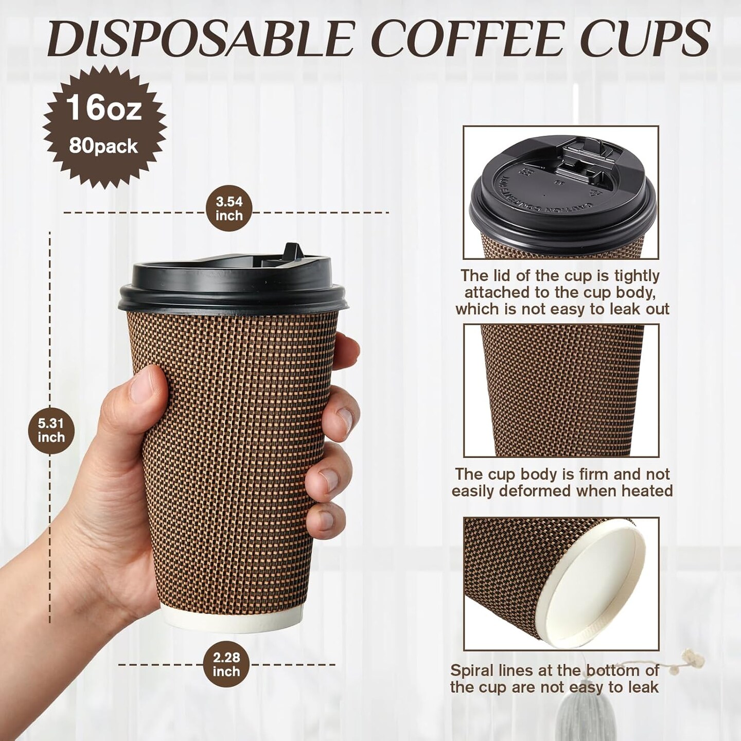 80 Pack 16 oz Paper Coffee Cups, Insulated Ripple Wall Paper Cups with Lid and Straws, Three Layer Insulated Hot Beverage Cups for Hot Drinks, Coffee Cups for Parties, Picnic, and Travel