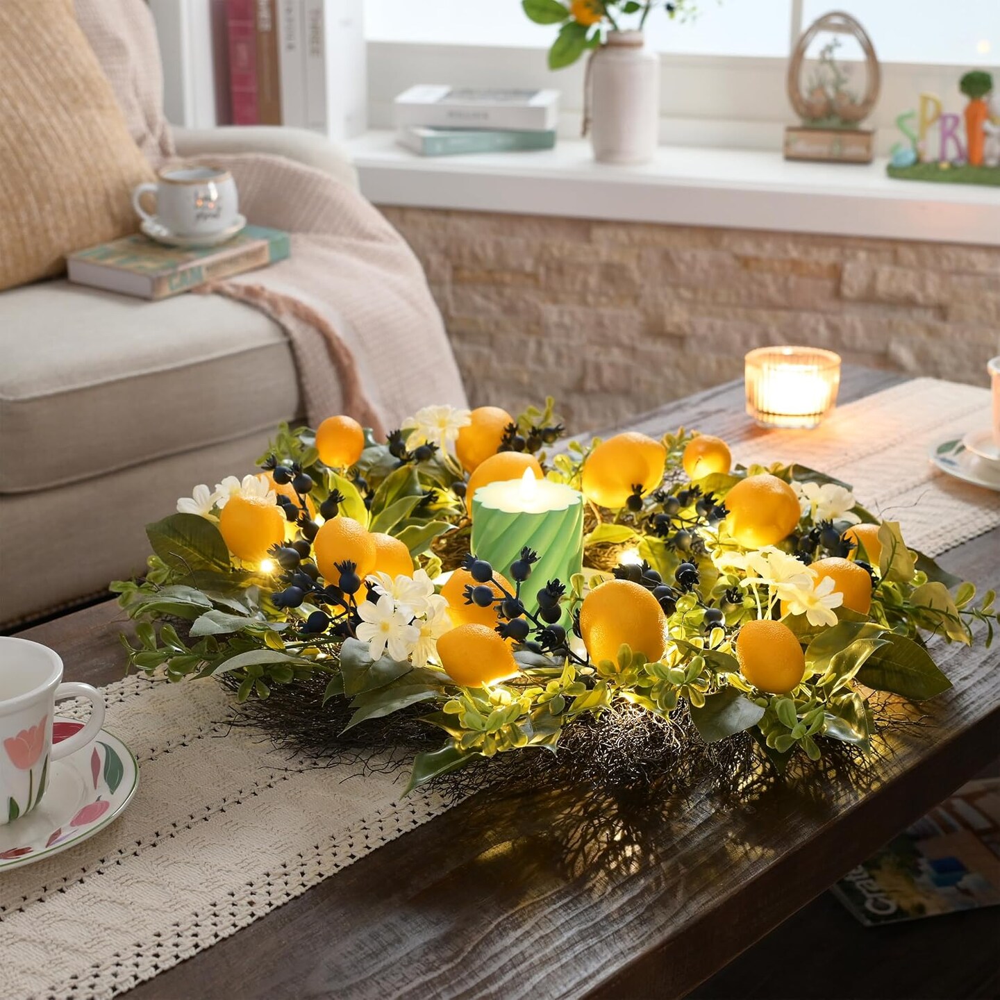 24-Inch Summer Artificial Lemon Wreath with Lights – Front Door or Wall Décor with Eucalyptus Leaves and Blueberries for Farmhouse, Home, Kitchen, and Party Decorations