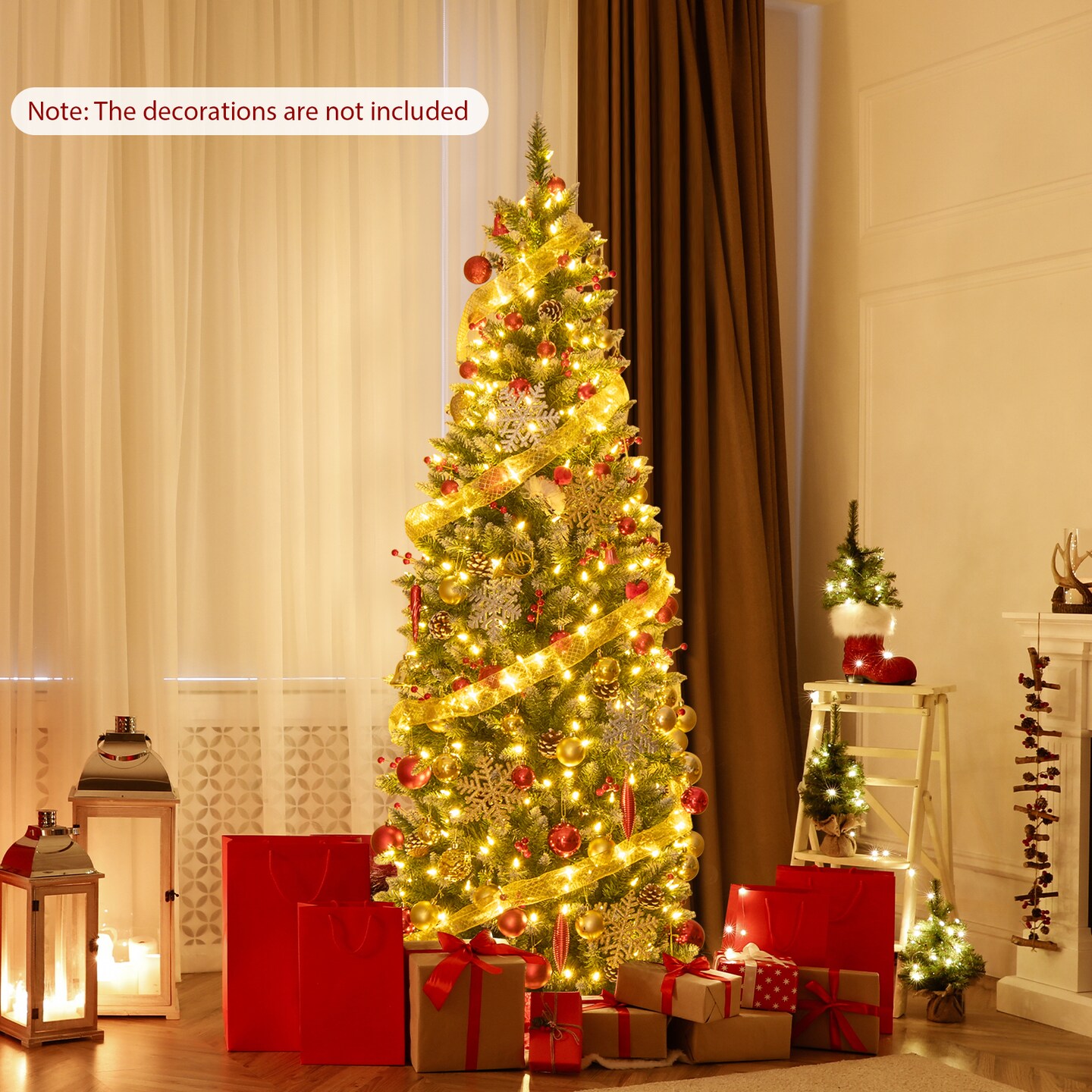 Green Pencil Christmas Tree with Warm White Lights, Snow-Frosted Tips and Metal Base