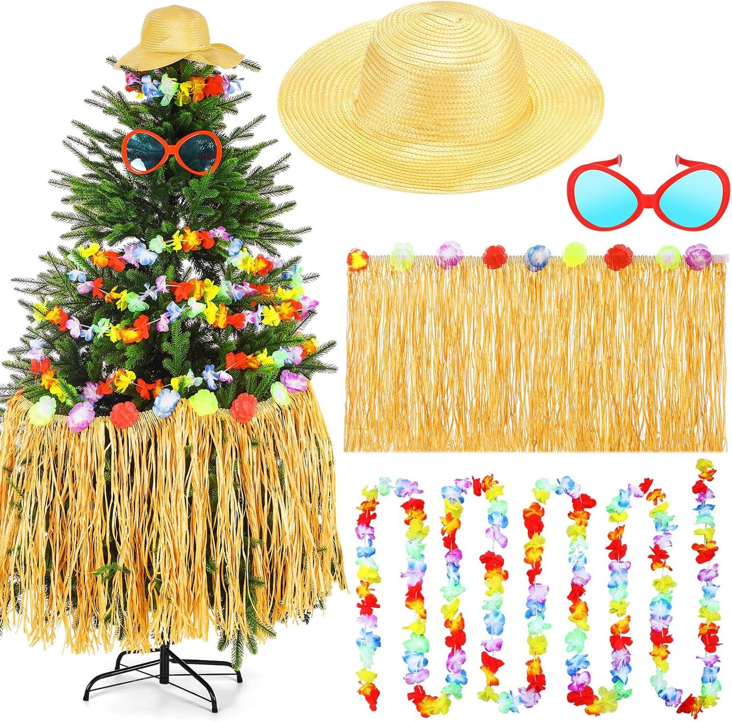4 Pcs Summer Hawaiian Tree Decoration with Tassel Grass Skirt Oversized Sunglass Beach Hat Floral Garland Tropical Beach Party Decor for Hawaiian Party Supplies