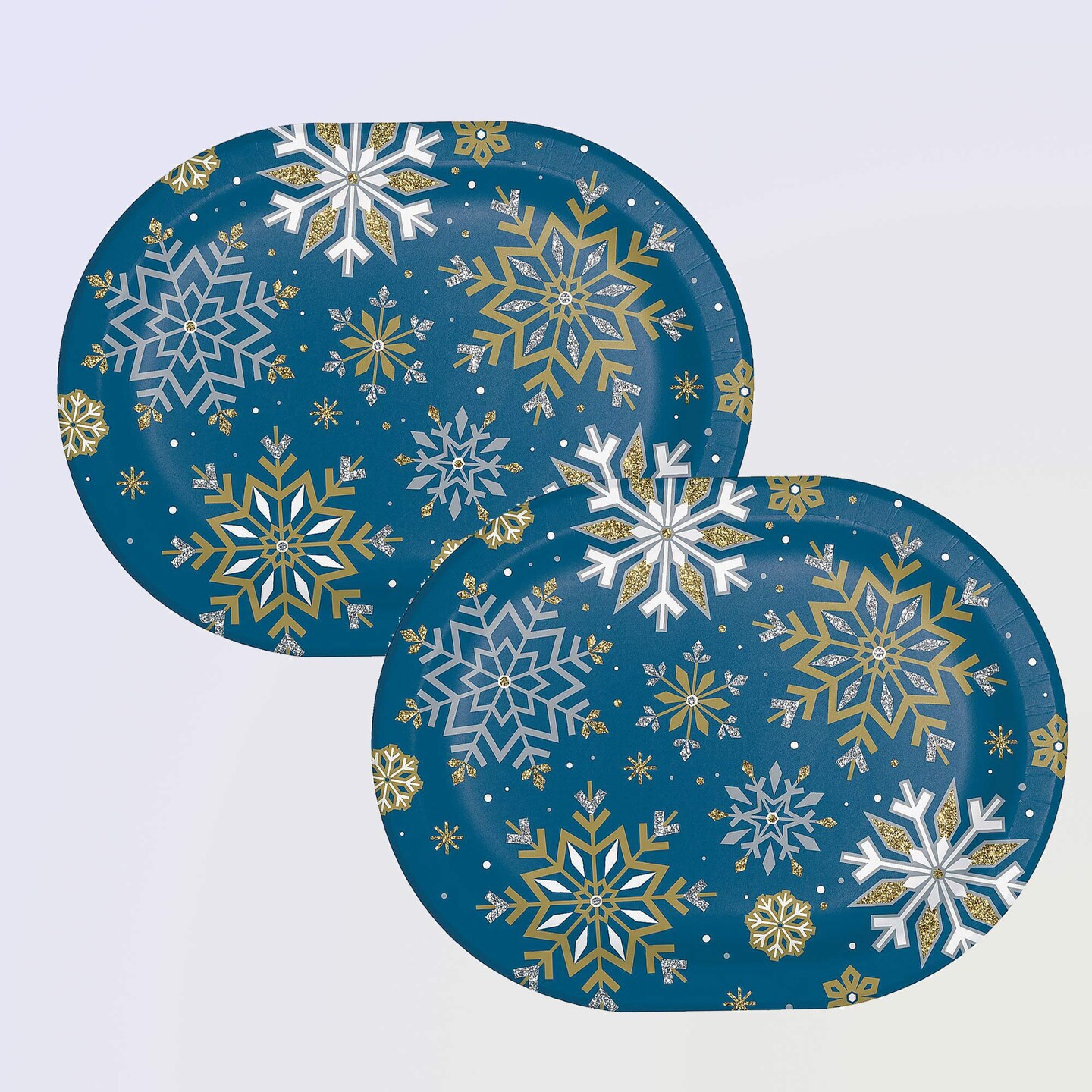 9.25&#x22;x12&#x22; Oval Blue Gold Snowflake Christmas Dinner Plates 24 Count