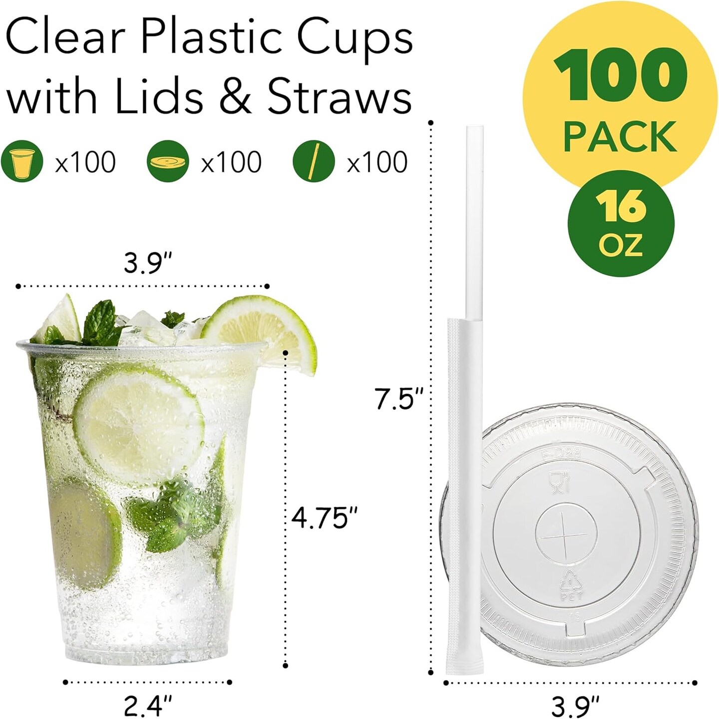 100 Pack 16 oz Clear Plastic Cups with Lids and Straws, Disposable Coffee Cups with Lids, To Go Iced Coffee Cups with Lids, Disposable Cups for Party, Smoothie Cup for Cold Drinks