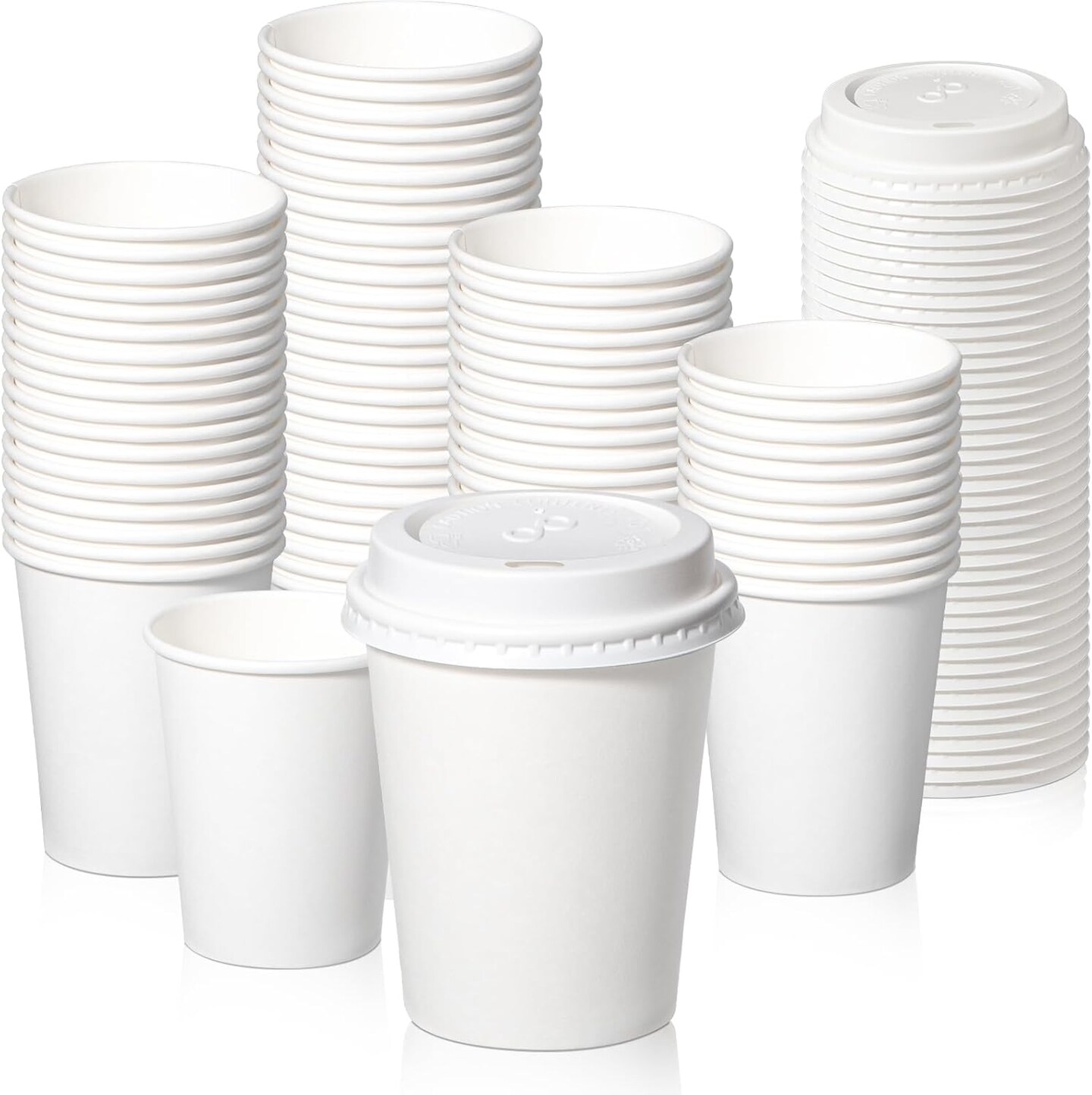 100 Pack 8 oz Disposable Coffee Cups with Lids, Premium Paper To Go Cups for Hot/Cold Beverages, Leak Proof Travel Cups for Cold/Hot Beverage, Office (White Lids)