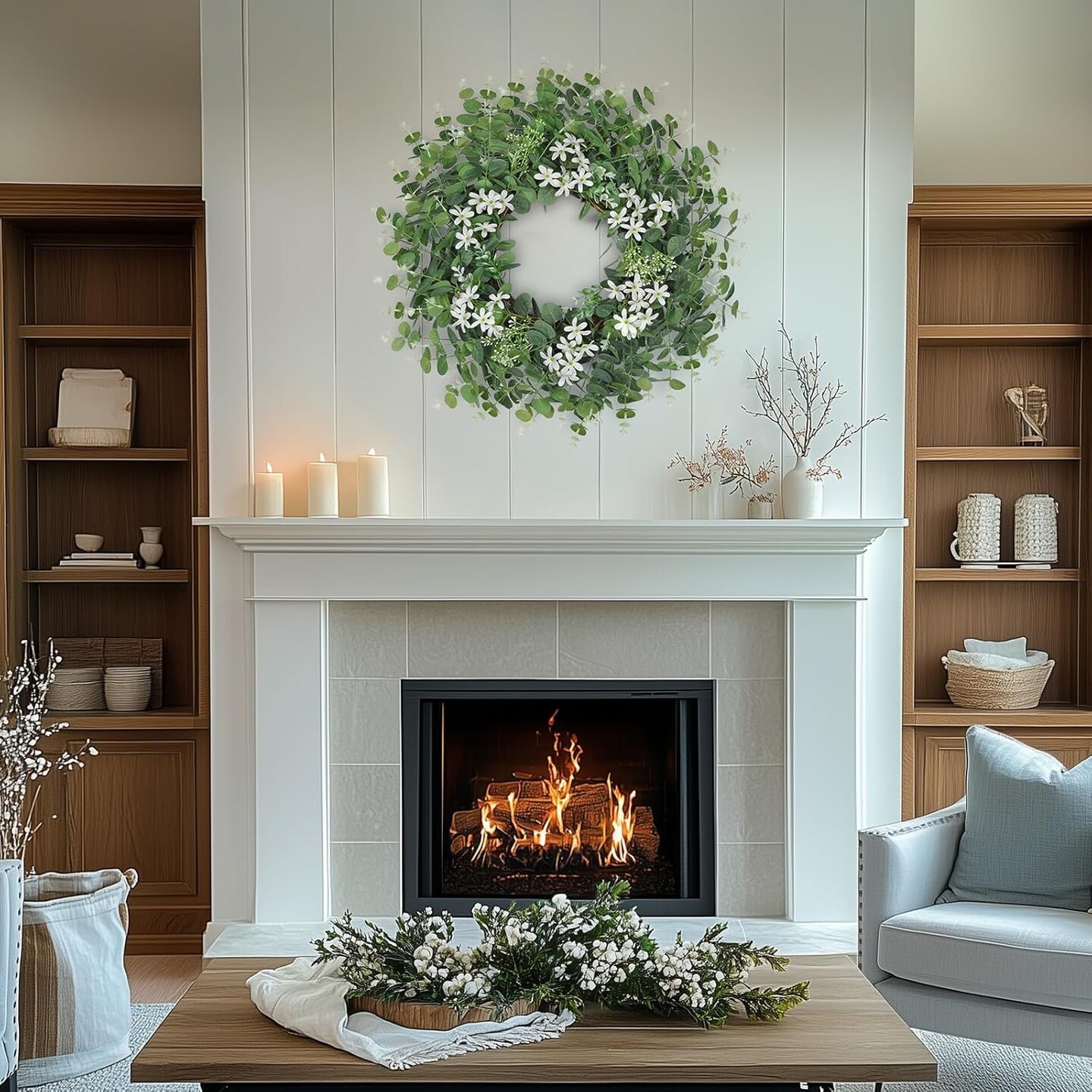 26&#x22; Eucalyptus &#x26; White Chrysanthemum Wreath &#x2013; All-Season Front Door Greenery D&#xE9;cor