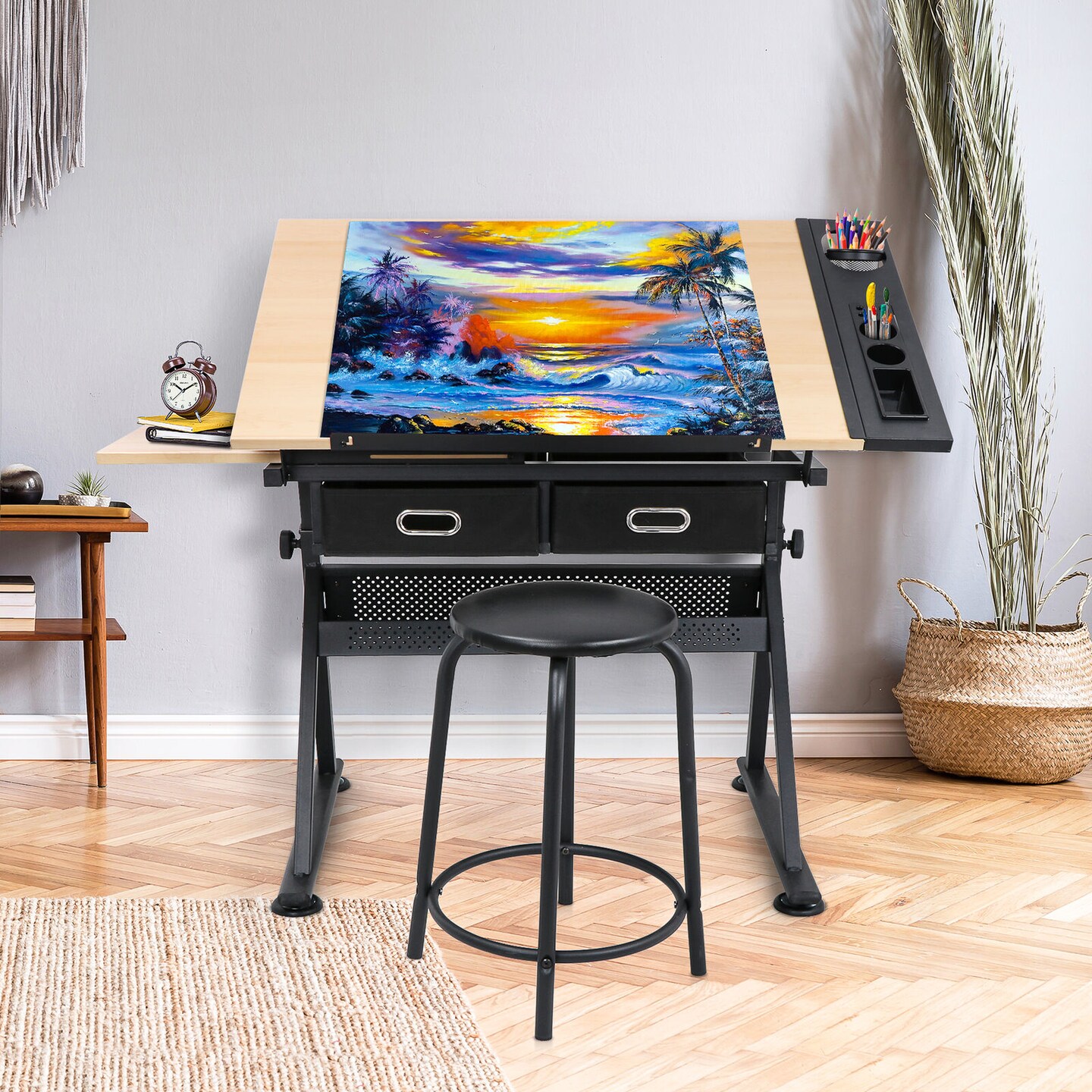 Adjustable Drafting Table with Stool &#x2013; Artist Drawing Desk with Tilted Tabletop