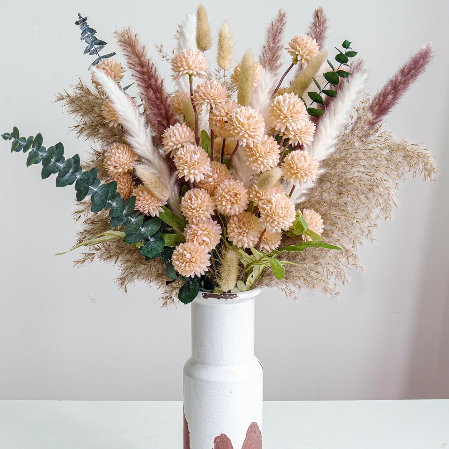 Luxury Faux Flower Arrangement – Realistic Artificial Flowers with Beige & White Peonies, Dried Pampas Grass, Bunny Tails & Eucalyptus for Home, Wedding & Event Décor