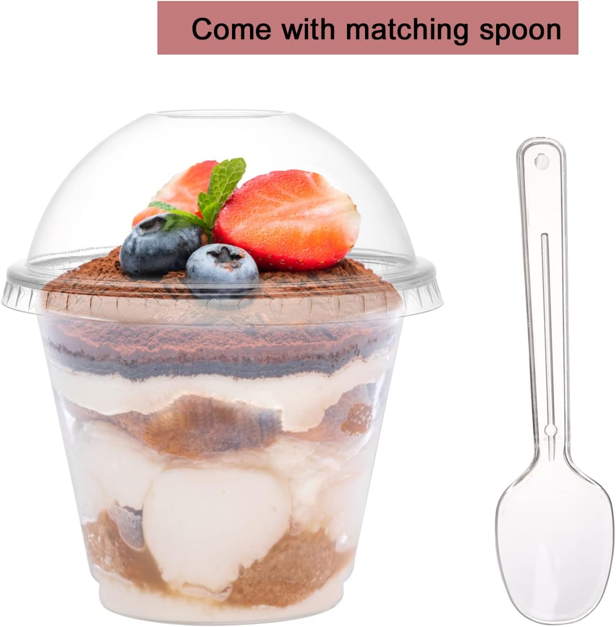 100 Pack 9 Oz Clear Plastic Cup with Dome Lid and Spoon, Disposable Crystal Dessrt Parfait Cup Bulk Party Cup Fruit Container for Fruit, Puddings, Dessert, Cold Drinks, Ice Cream