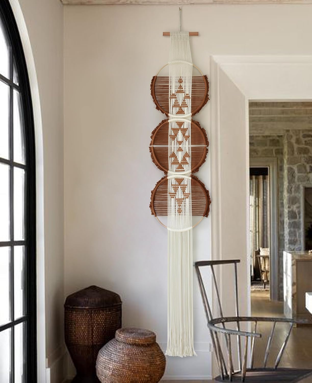 Macrame Wall Hanging Boho Wall Decor Art | Brown and White|11.8W x 65L