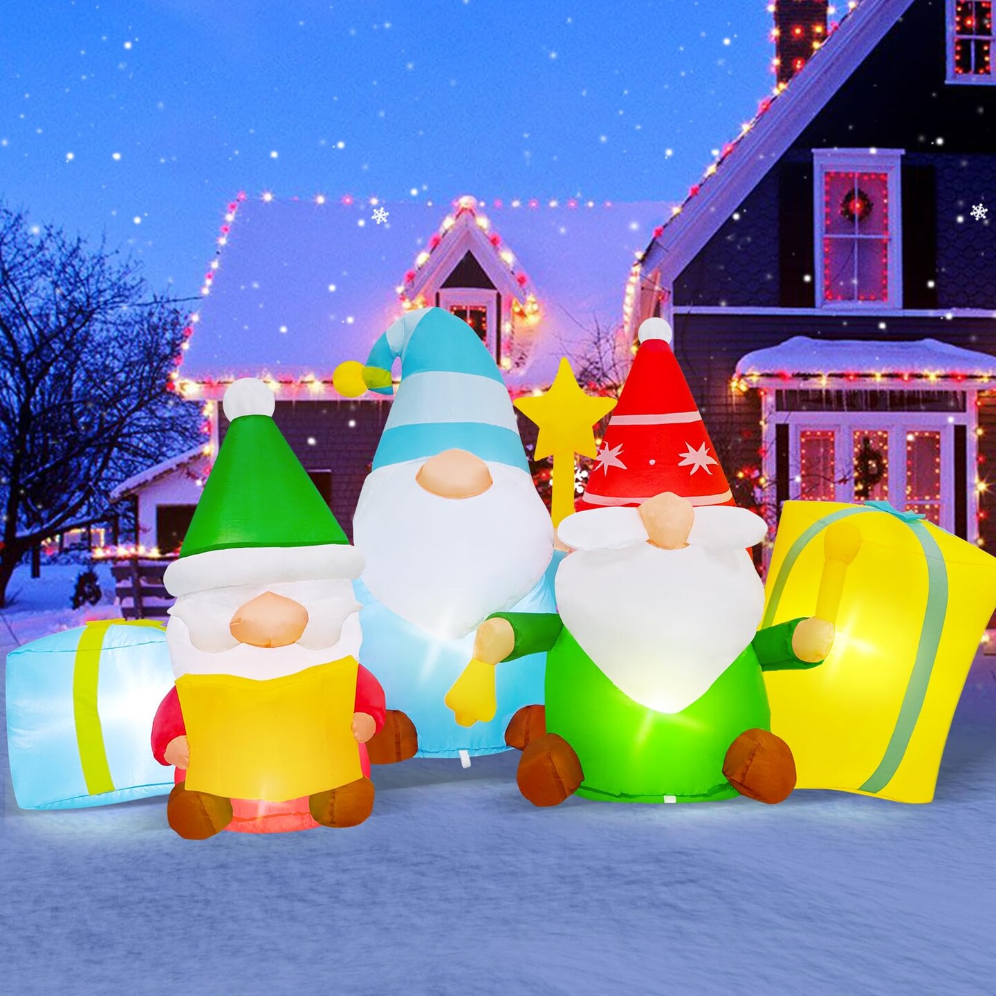 6 FT Long Christmas Inflatables 3 Gnomes Reading The Bible and Ringing The Bell Outdoor Decorations, Build in LEDs Inflatable Christmas Gnome Blow Up Yard D&#xE9;cor Holiday Xmas Indoor Patio Lawn