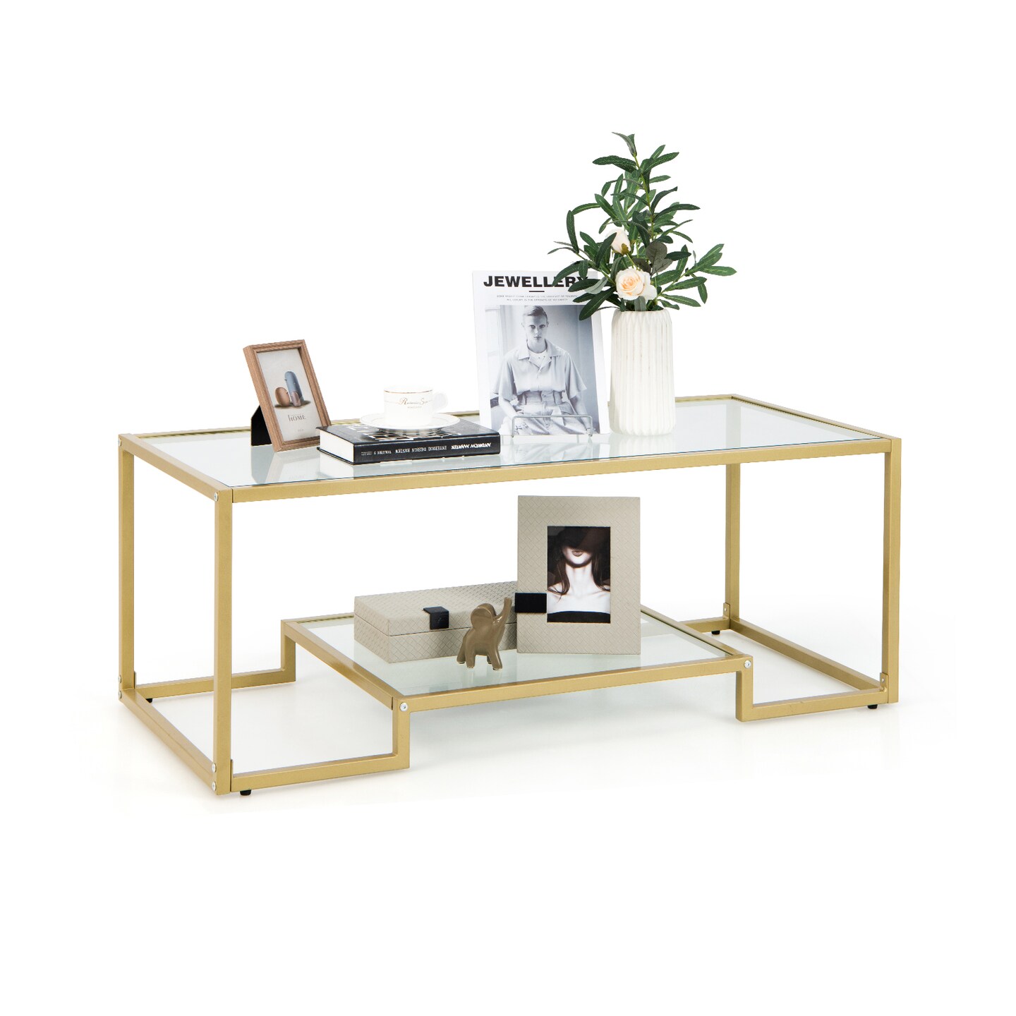 2-Tier Rectangular Glass Coffee Table with Steel Frame