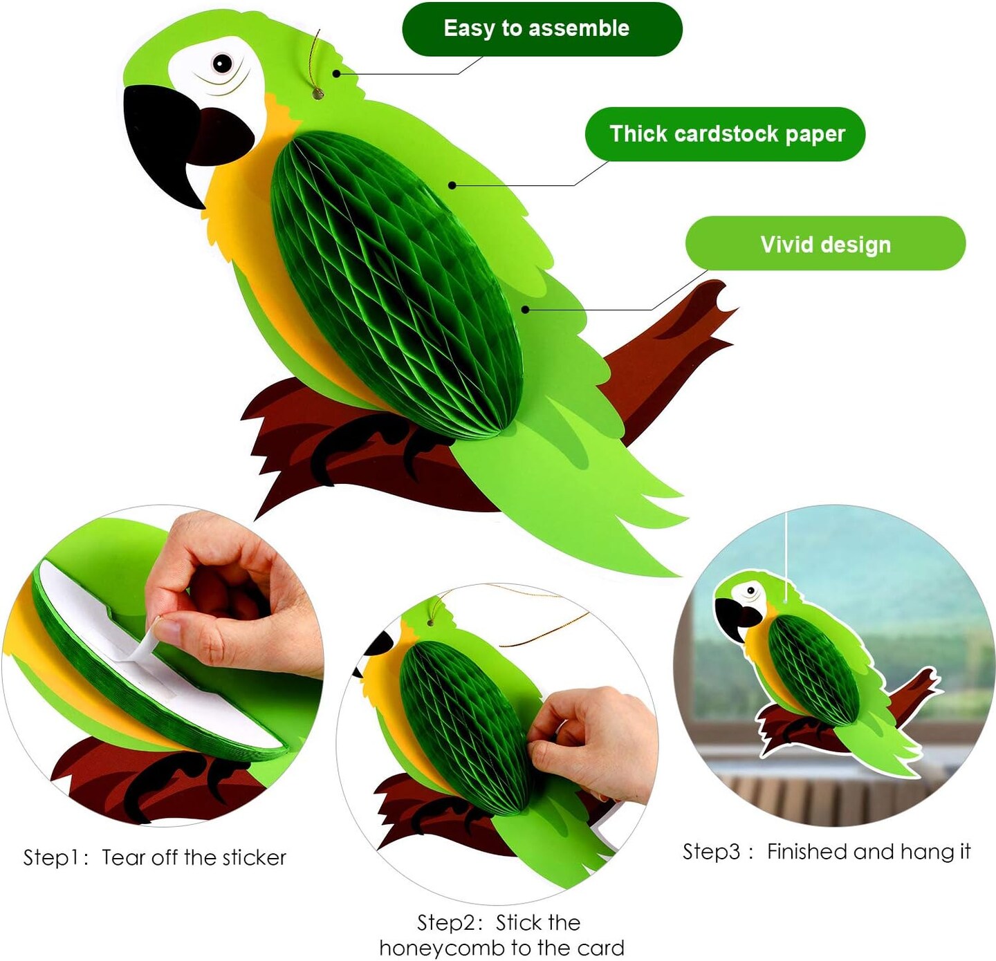 10 Pieces Tropical Birds Honeycomb Paper Cutouts, Parrot Honeycomb, Hawaiian Summer Beach Luau Party Hanging Decorations for Tiki Bar Home Classroom Supplies
