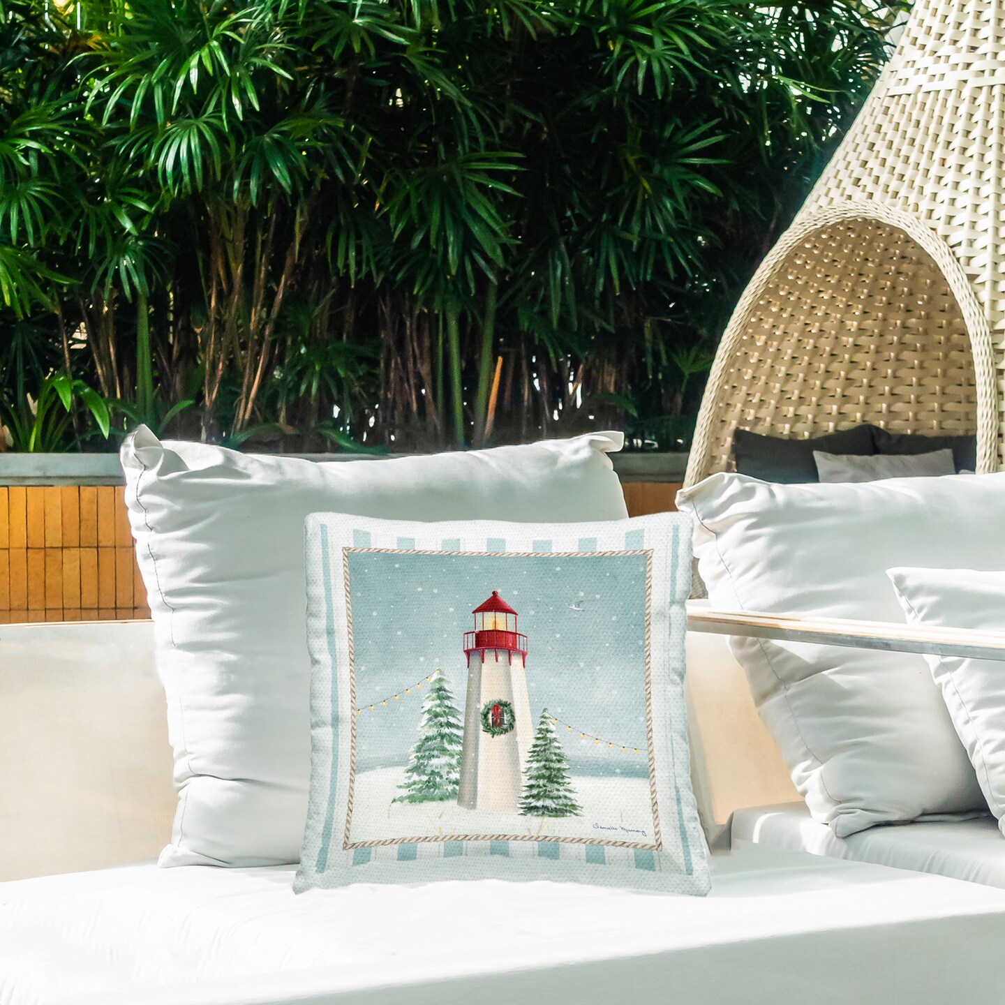Stupell Industries Coastal Holiday Lighthouse Outdoor Printed Pillow, design by Danielle Murray, 18 x 7 x 18