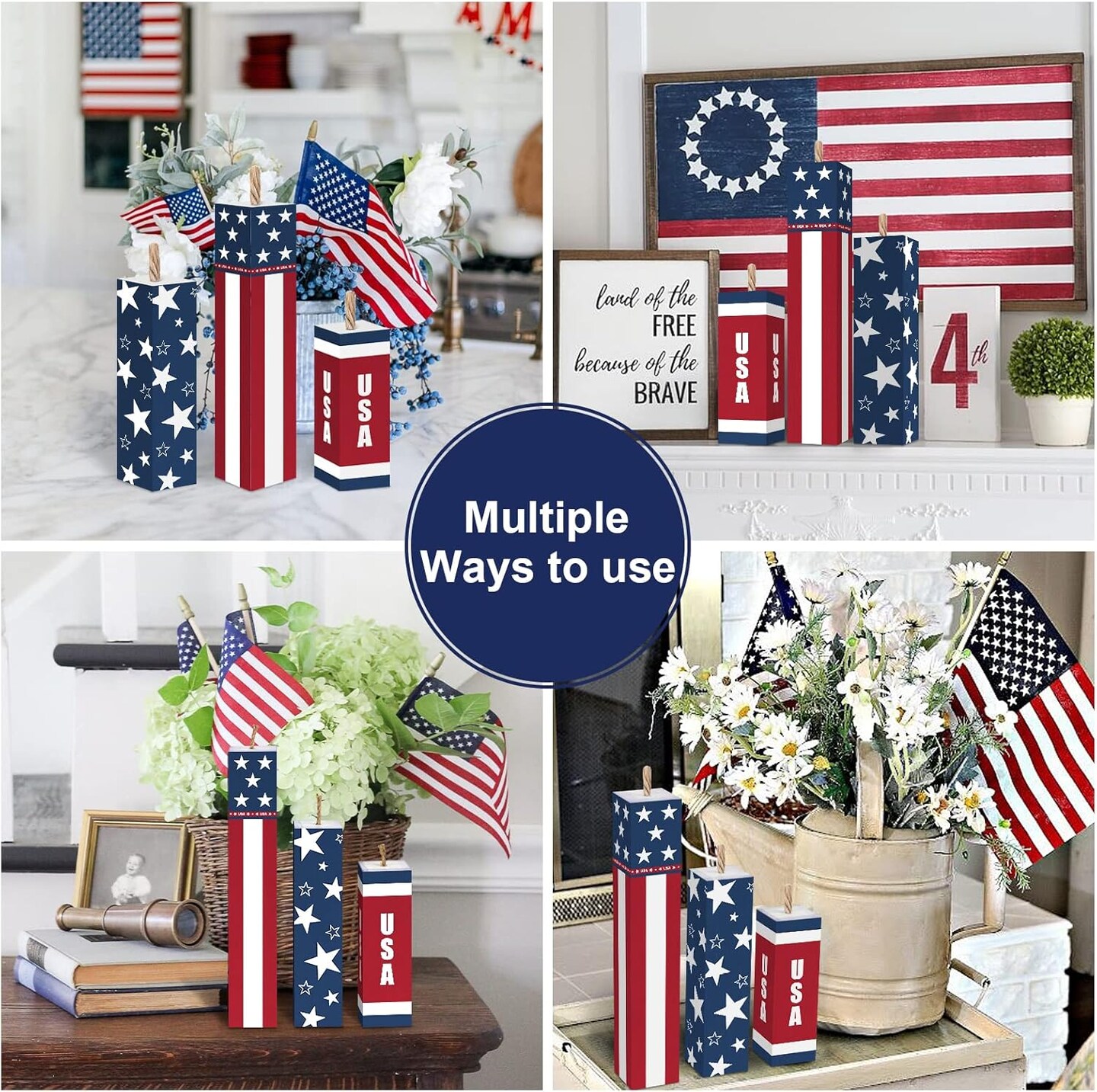 3 Pieces 4th of July Wood Firecracker Decorations Sign Patriotic Independence Day Memorial Day Tiered Tray Decor, Rustic Firecrackers Table Sign for Home Birthday Party Gifts Wall Art Decorater