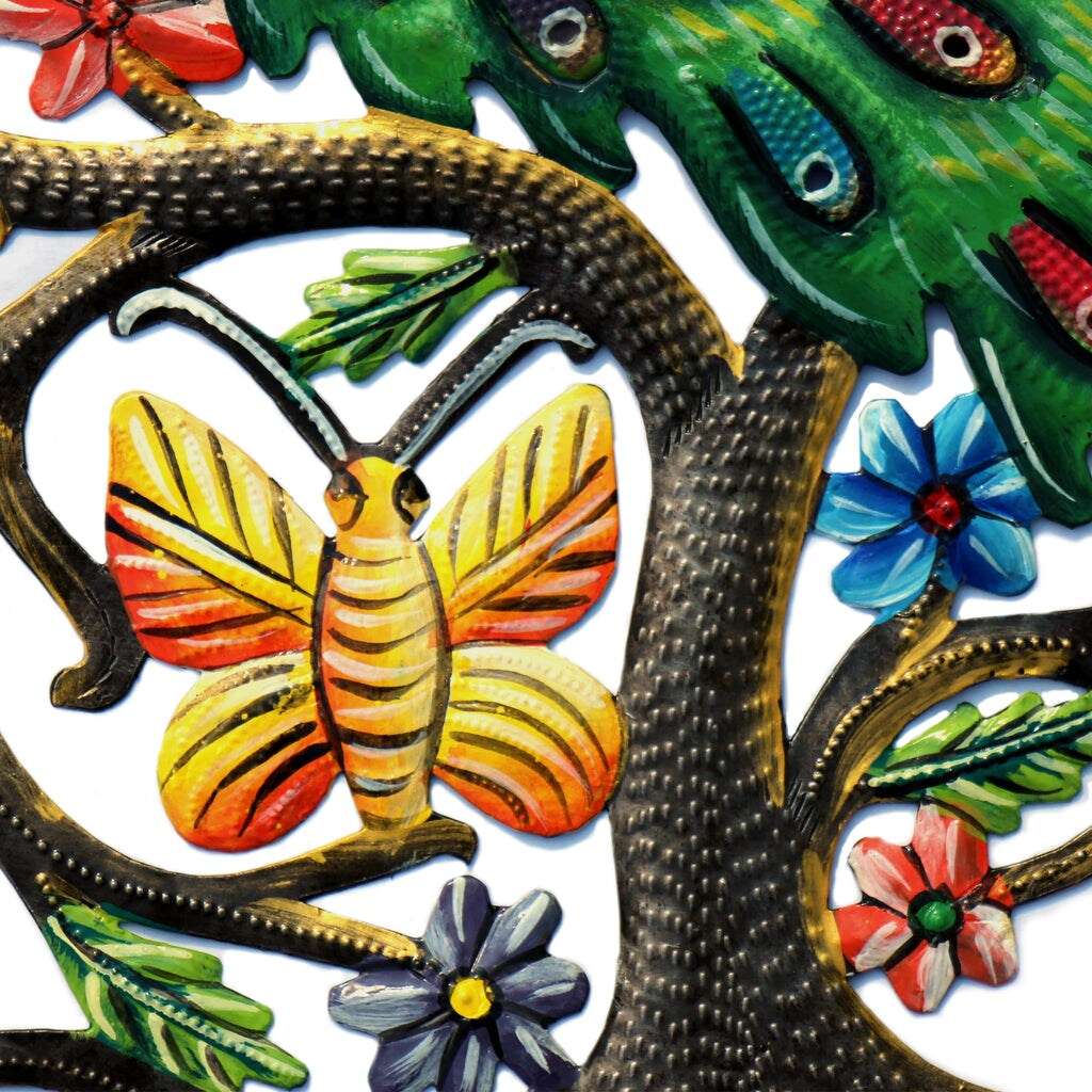 Multi-Color Upcycled Steel Painted Peacock in Tree Metal Wall Art