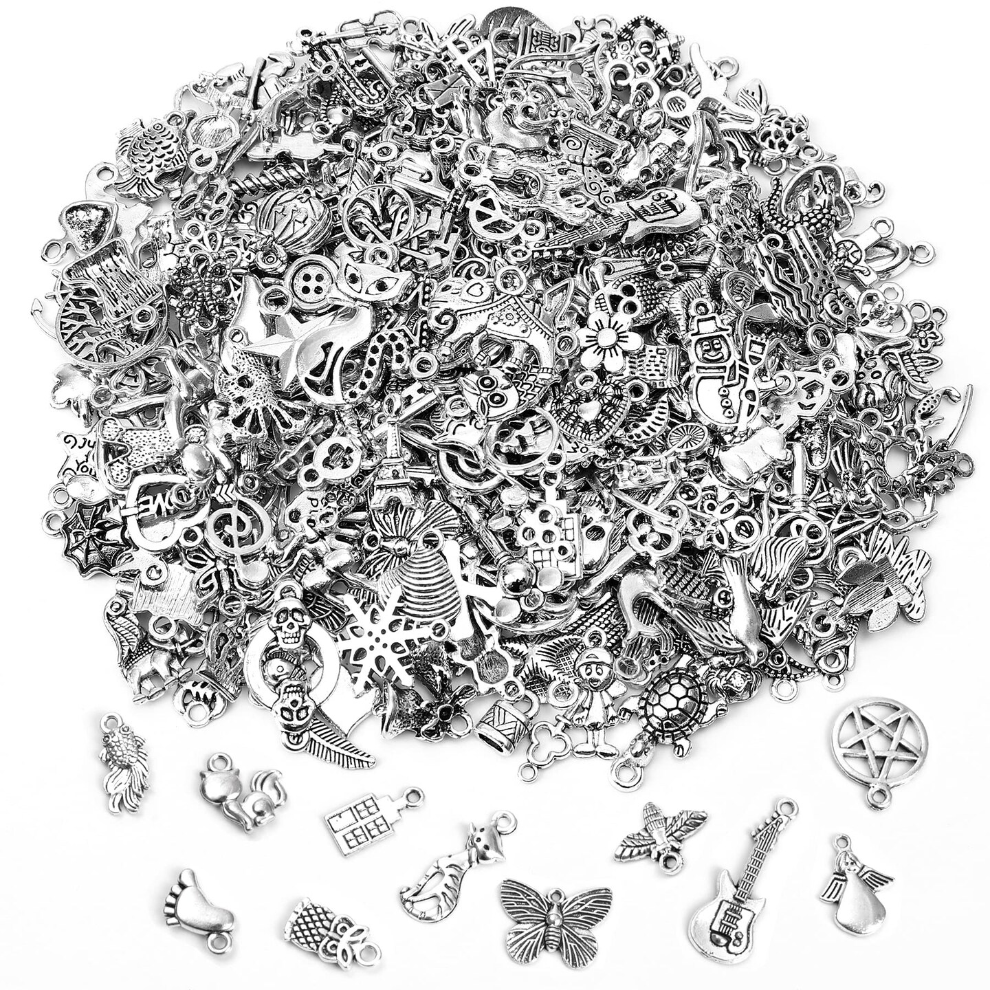 350Pcs Silver Charms for Jewelry Making Wholesale Bulk Tibetan Silver Charm Pendants for DIY Necklace Bracelet Earring Craft Supplies