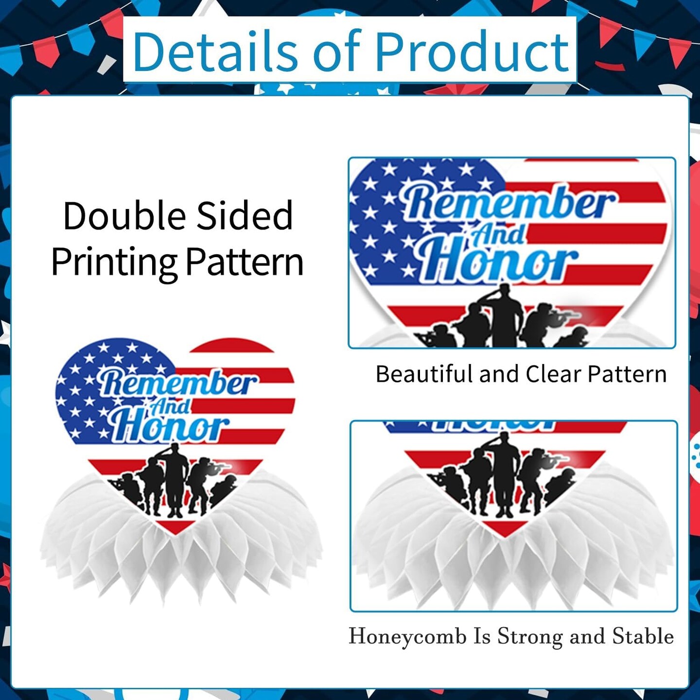 Memorial Day Patriotic Table Decorations Set (9PCS) – Red, White & Blue Honeycomb Centerpieces for Office, Home, 4th of July & American 250th Celebration Decor