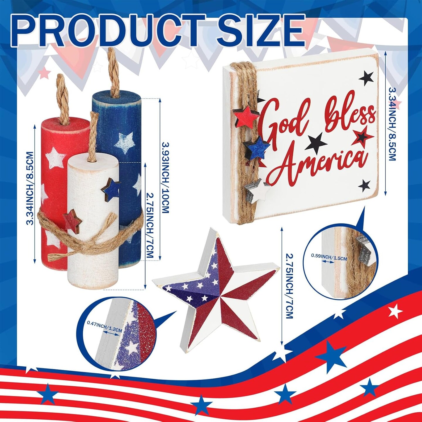 5 Pcs 4th of July Table Decorations Memorial Day Patriotic Table Centerpieces Rustic Independence Day Wood Firework Signs Tiered Tray Decor Rustic God Bless America Decor(Star)