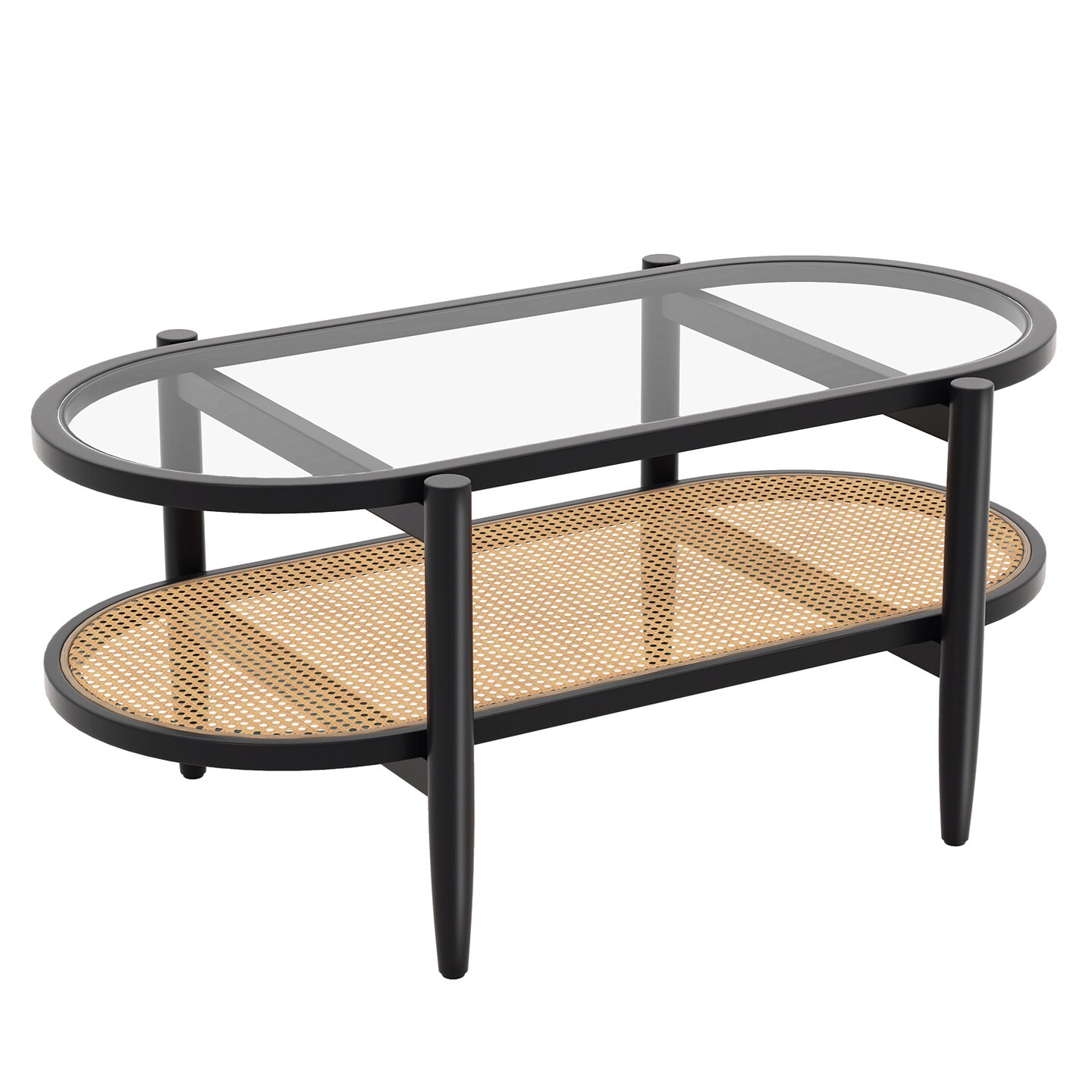 Modern Coffee Table with Glass Top and Solid Acacia Wood 2 Tier Design
