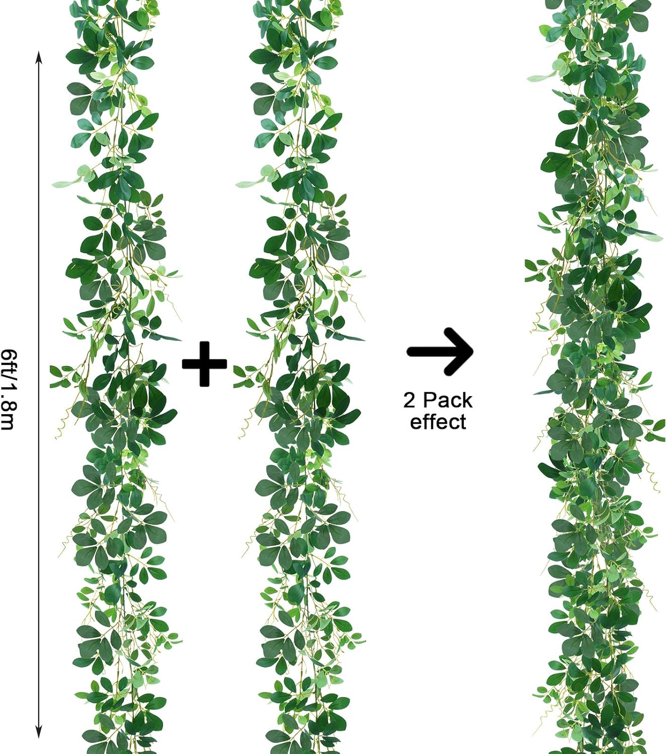 2Pcs 6FT Artificial Greenery Garland Hanging Decor, Seucalyptus Garland Fake Ivy for Home Decoration Bedroom Kitchen Porch Party Wedding Arch Wedding Centerpieces for Tables Wreath