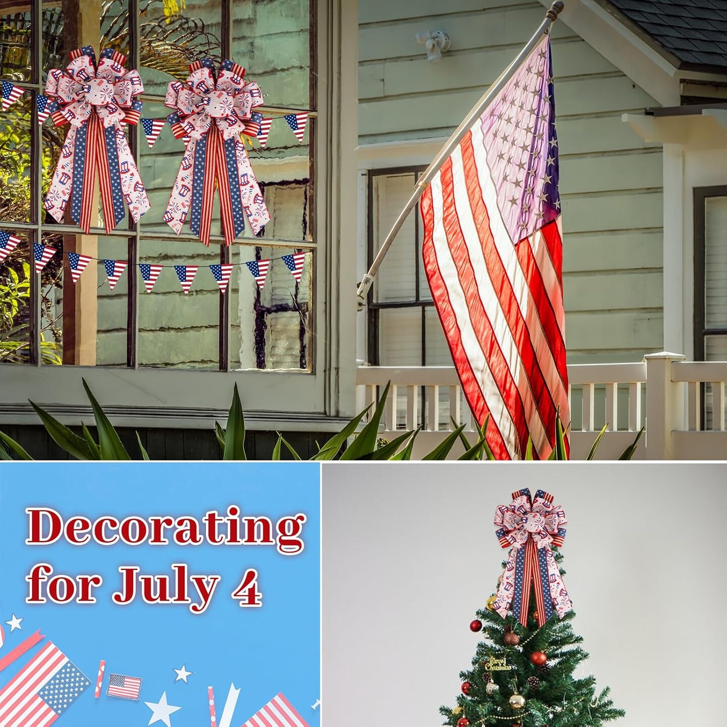 2pcs Large 4th of July Bow, Red Blue Striped Tree Topper Bows for Patriotic Wreaths, 4th of July Decorations American Flag Memorial Day Bow for Tree Topper, Window, Staircase, Front Door, Outside