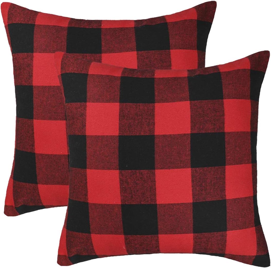 Set of 2 Christmas Buffalo Check Plaid Throw Pillow Covers Cushion Case Polyester for Farmhouse Home Decor Red and Black, 18 x 18 Inches