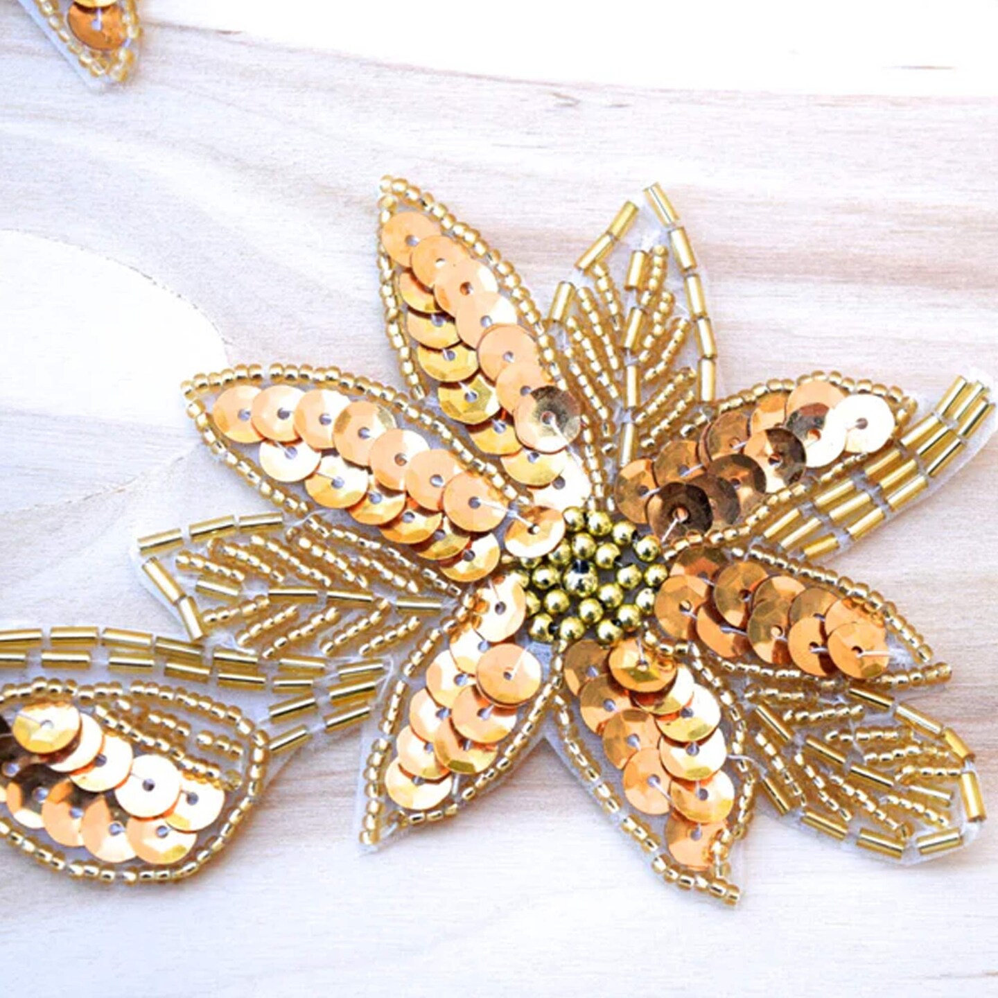 1 Piece 5.75 Inch Antique Gold Sequin Beaded Flower Iron On Applique Patch for Costumes
