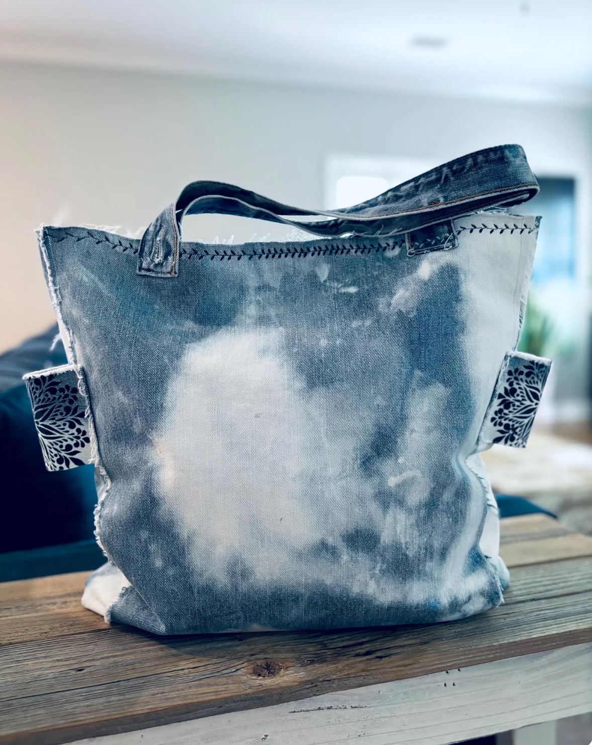 Karma Bleached Denim Tote Bag. Recycled Denim. Lined Tote