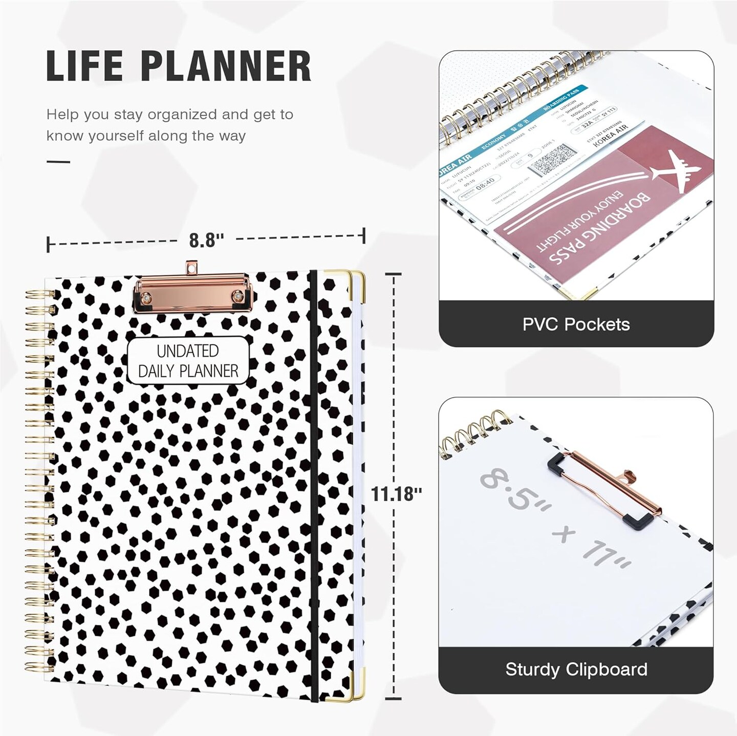 Undated Spiral Academic Planner with Clip - 8.5 x 11 (Black)