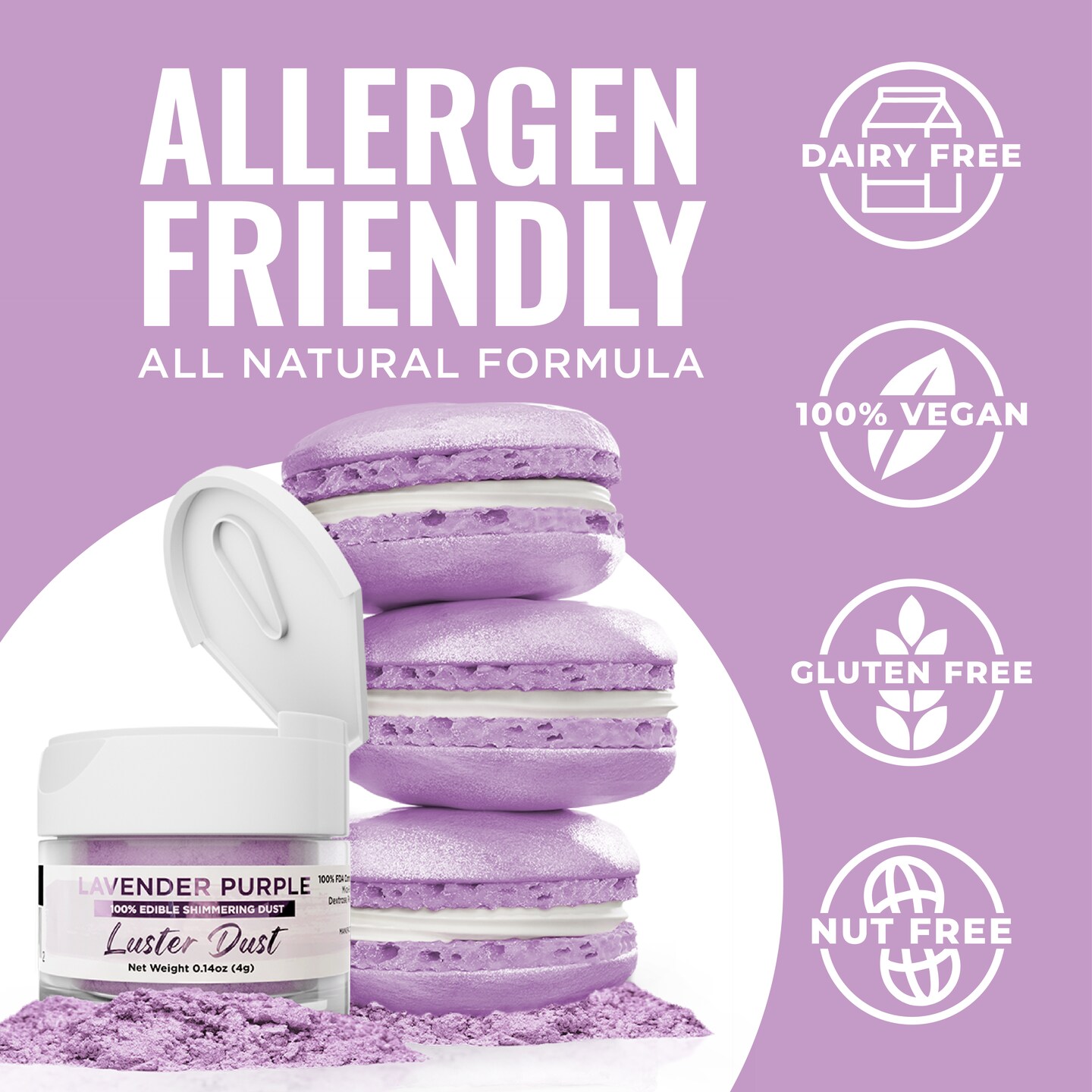 Bakell - Lavender Purple Luster Dust (4g, 1x Jar) Edible Vegan Dust & Paint for Baking, Desserts and Beverages