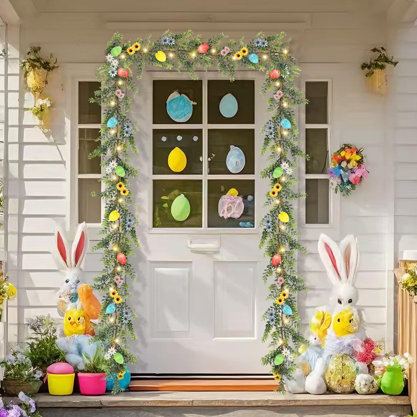 Easter Garland Decor, 6.5 FT LED Lighted Garland with Easter Eggs & Flowers, Spring Floral Decoration for Fireplace, Mantle, Table & Indoor Home Decor