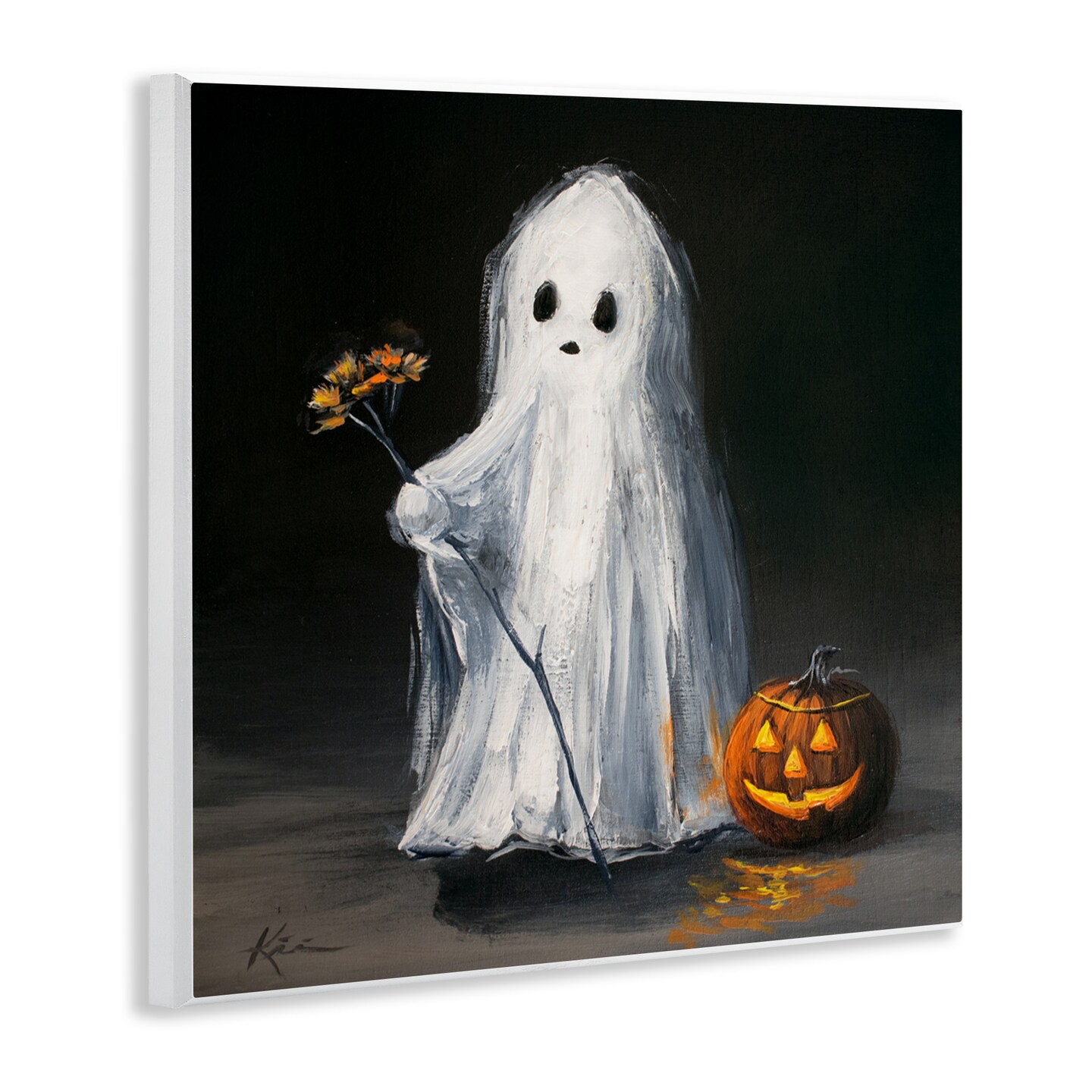 Vintage Halloween Ghost &#x26; Pumpkin Wall Plaque Art