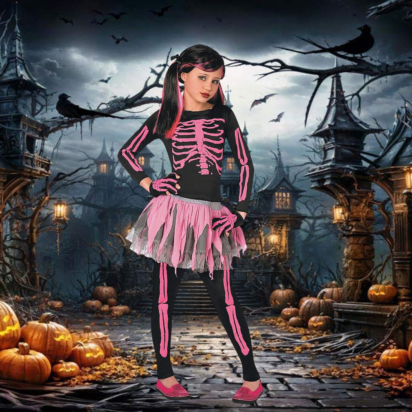 Girls Pink Skeleton Costume with Tutu Skirt and Gloves
