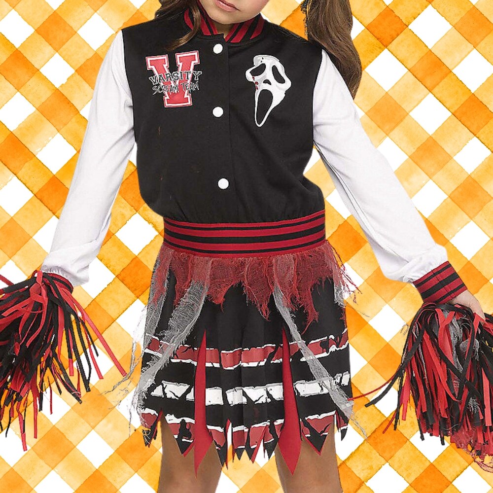 Kids Cheerleader Halloween Costume with Varsity Dress, Pom Poms, Socks &#x26; Ghost Face Accessory