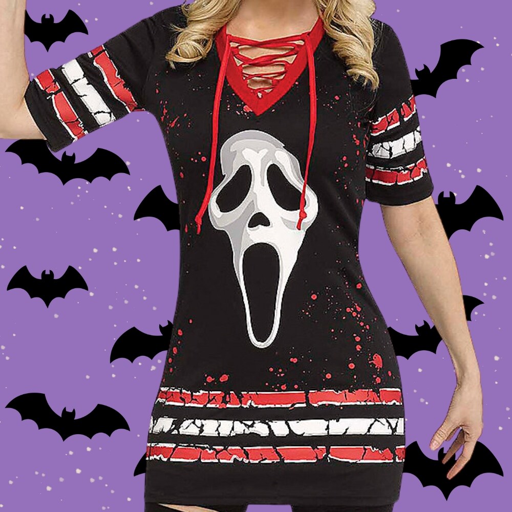 Ghost Face Dress Costume for Adults Halloween Lace-Up V-Neck Iconic Mask Print
