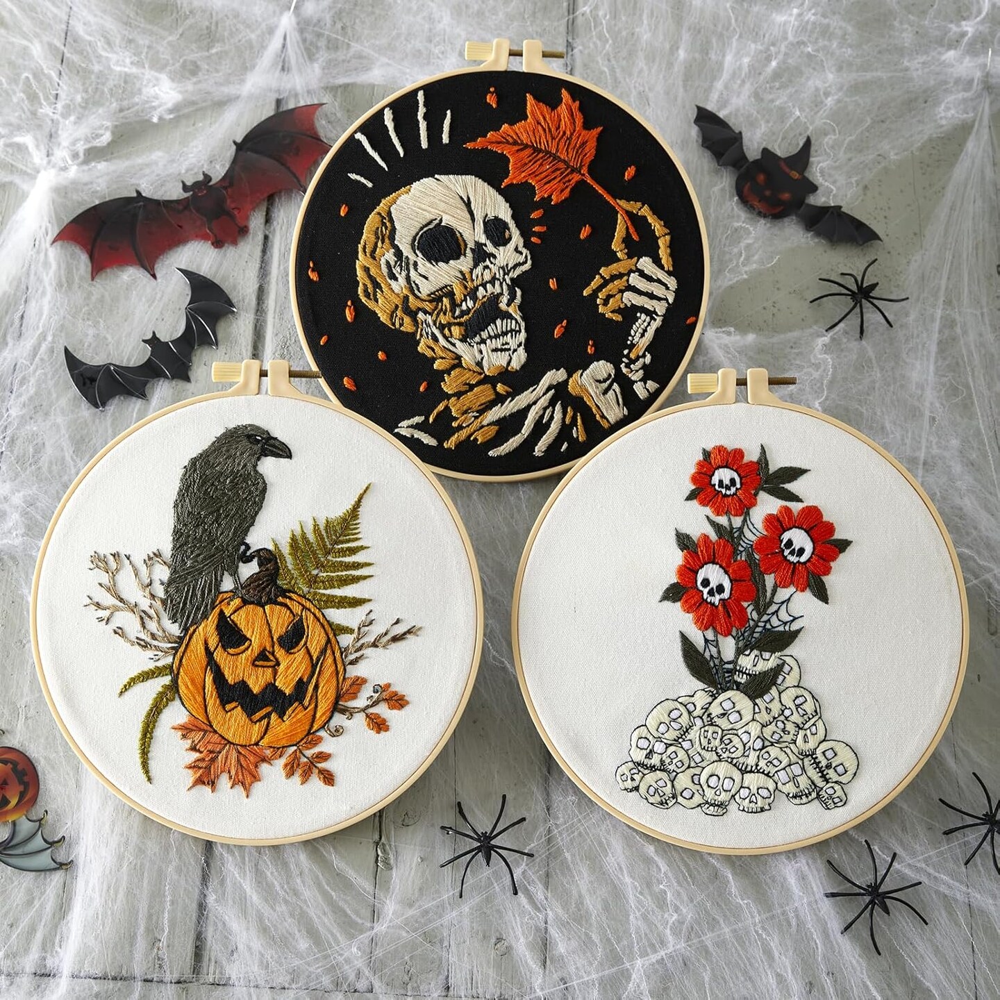 Gothic Halloween Embroidery Kit for Beginners – Stamped Cross Stitch Needlepoint Set with 3 Hoops, Pumpkin, Skull & Raven Designs, Includes Threads, Needles & Video Tutorial QR Code (White)