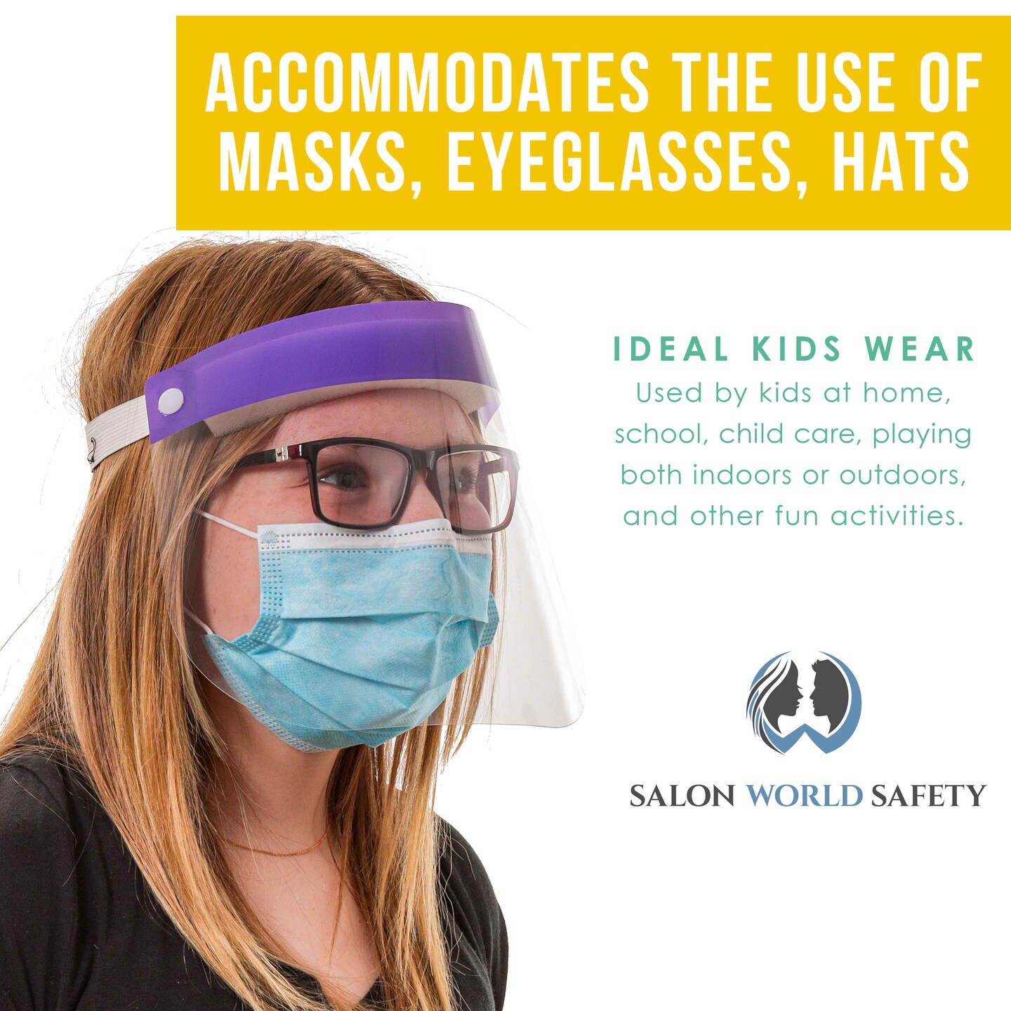 Salon World Safety 200 Kids Face Shields (20 Packs of 10) - 5 Colors, 40 of Each - Clear Protective Children&#x27;s Full Face Shields, Anti-Fog PET Plastic