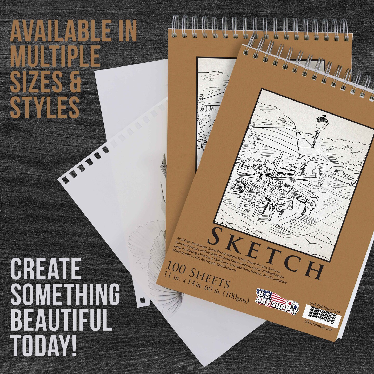 11&#x22;x14&#x22; Top Spiral Bound Sketch Book, 2 Pack, 100 Sheets Each, 60lb (100gsm), Acid-Free, Artist Sketchbook, Drawing Pad for Adults &#x26; Students