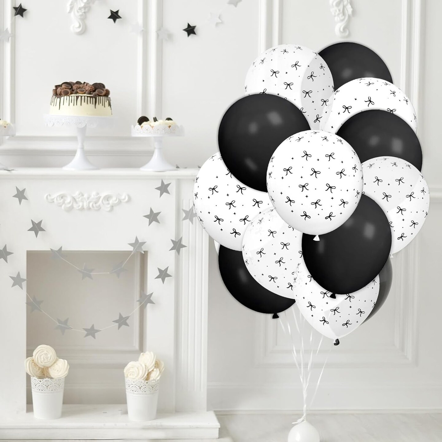 30Pcs Bow Latex Balloon 12 In Black White Bowknot Party Balloon Cute Bowtie Printed Clear Balloons for Birthday Bachelorette Bridal Party Decor