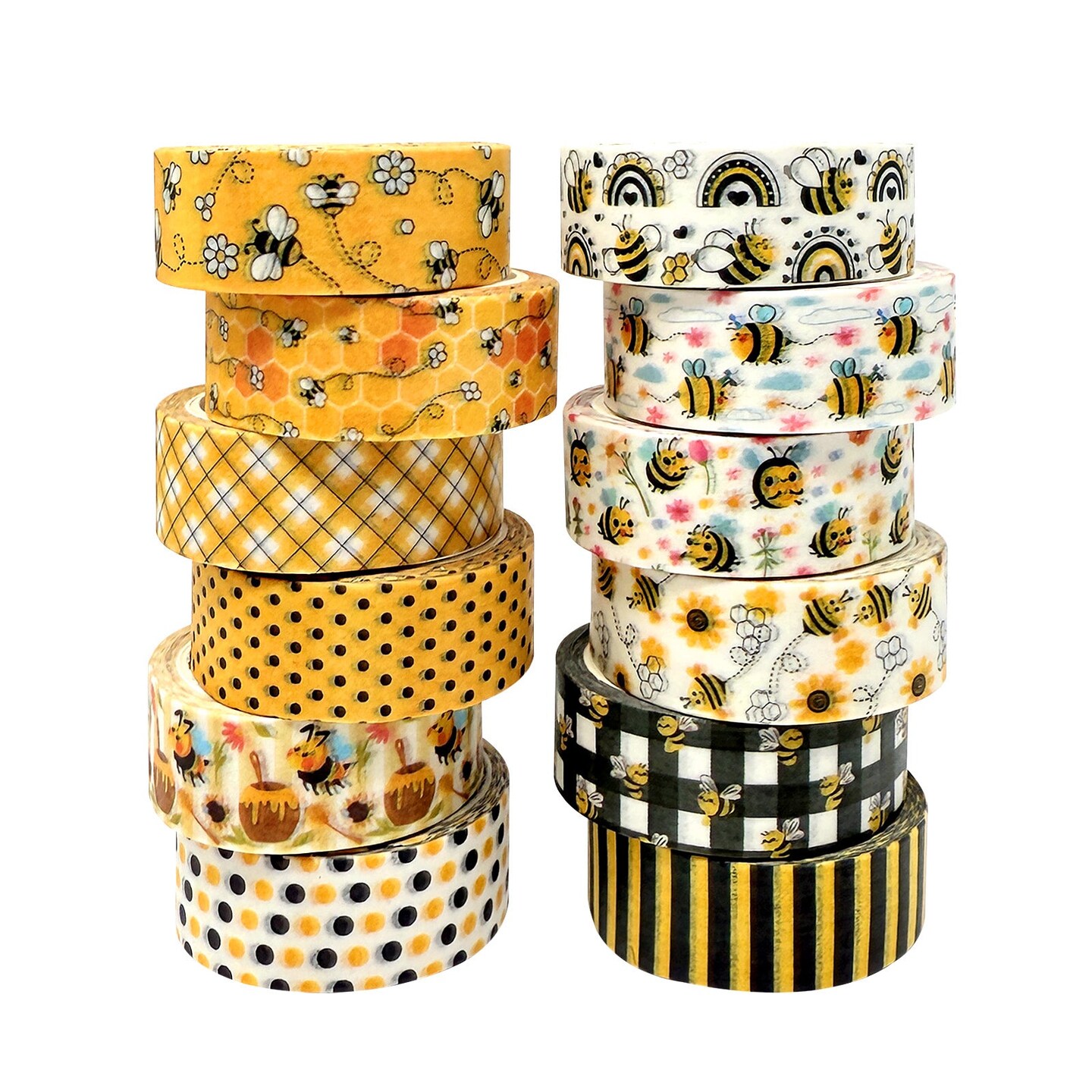 Wrapables Yellow Bees Washi Tape Set for Arts & Crafts, Scrapbooking, Stationery, Diary, Card Making (12 Rolls)