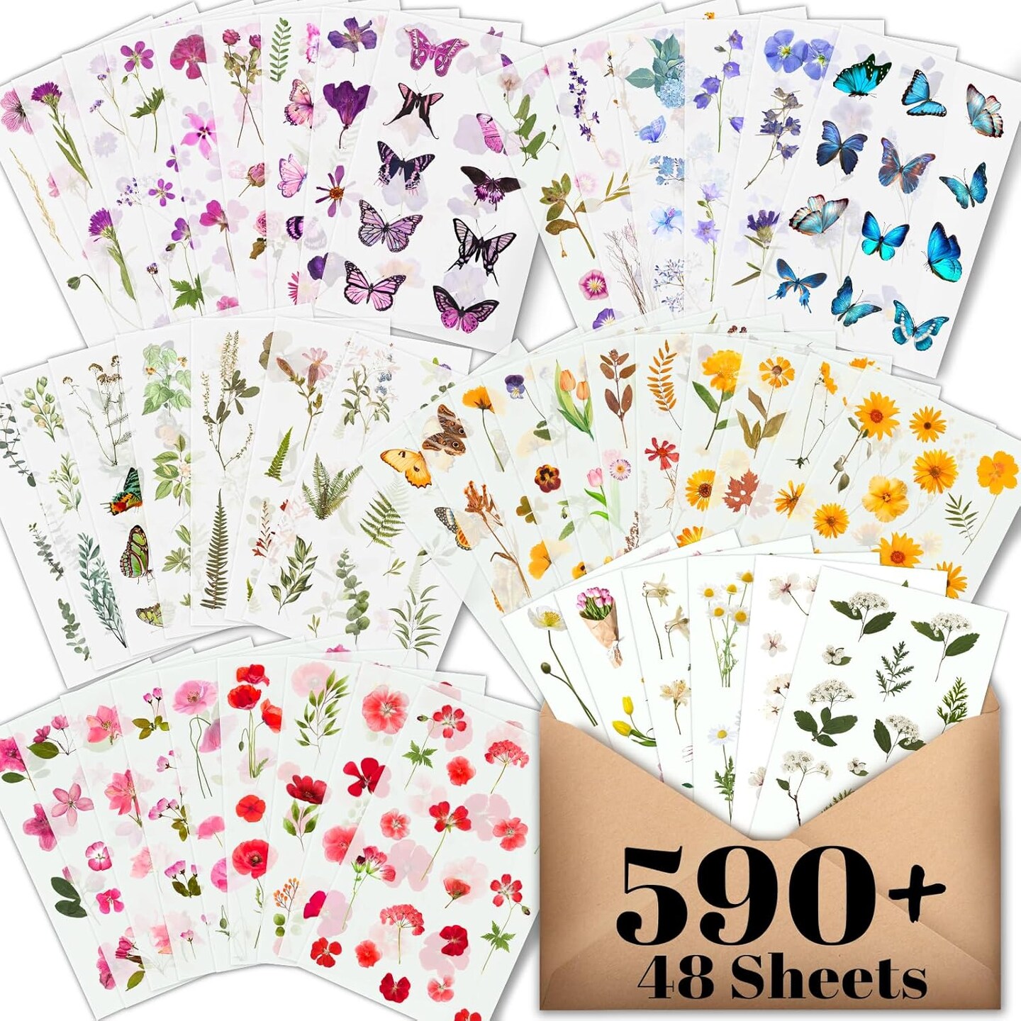 Flower Stickers for Scrapbooking (590 Pieces, 48 Sheets)