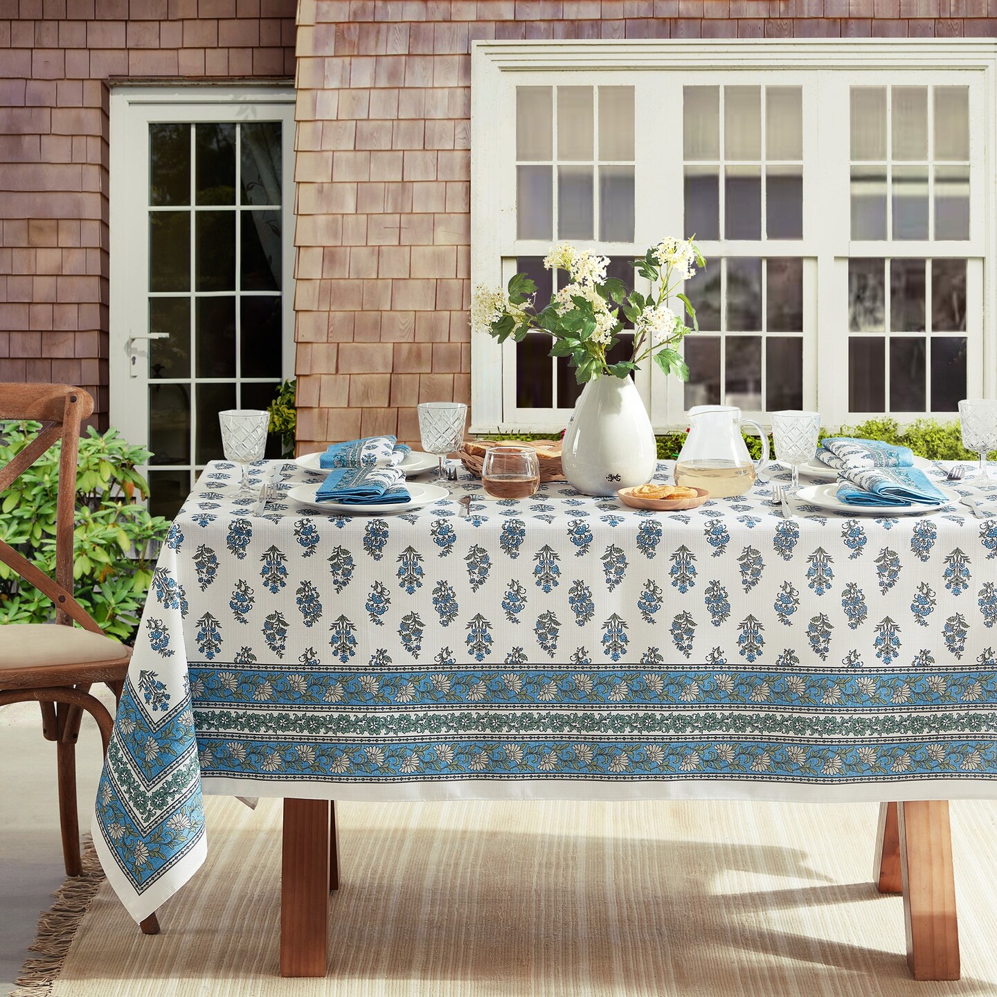 Threadmade Home Tropez Block Print Stain & Water Resistant Indoor/Outdoor Tablecloth, Multicolor - 60"W x 84"L