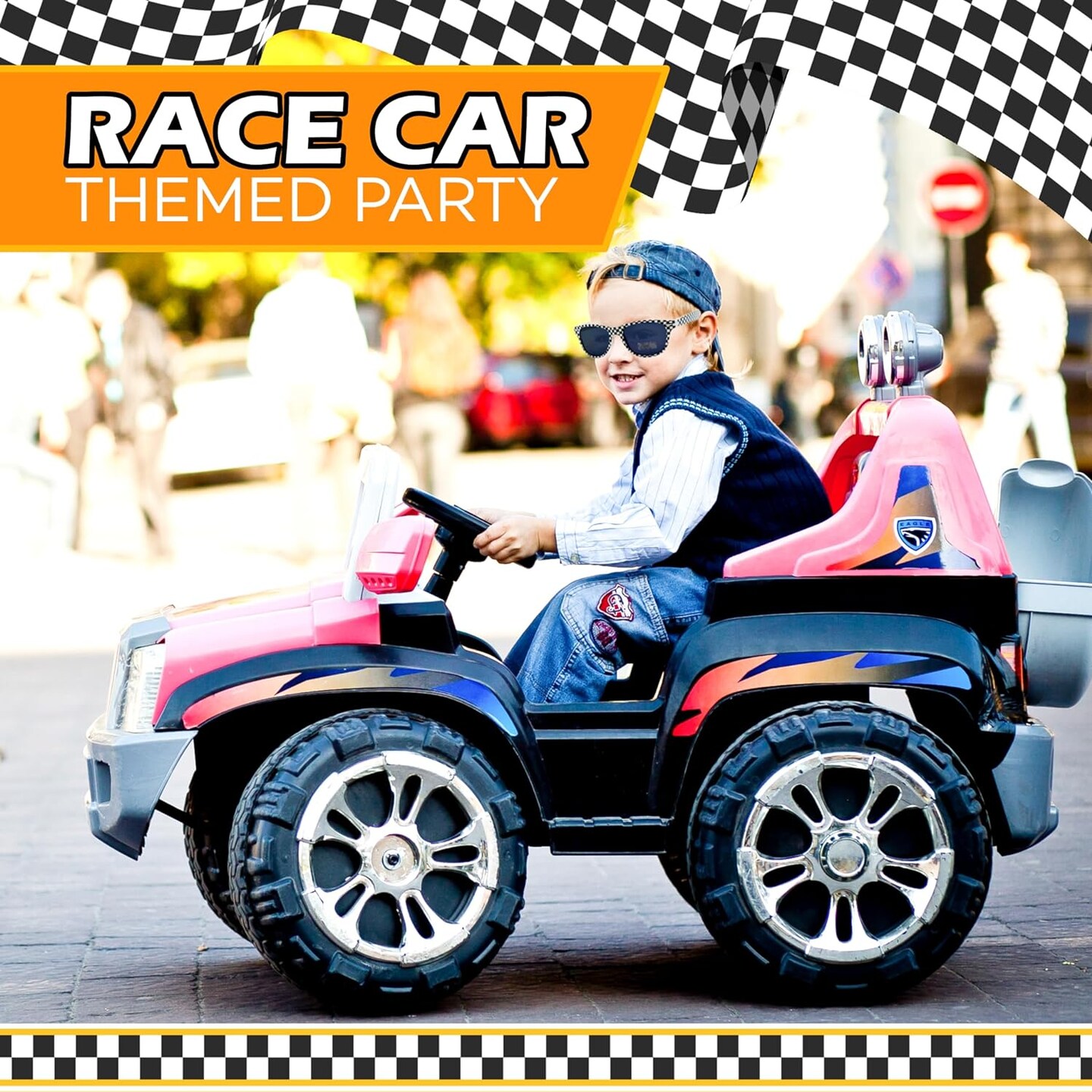 4E&#x27;s Novelty 6 Pack Kids Race Car Checkered Sunglasses Bulk with UV400 Protection - Ideal for Race Car Theme Birthday Decor