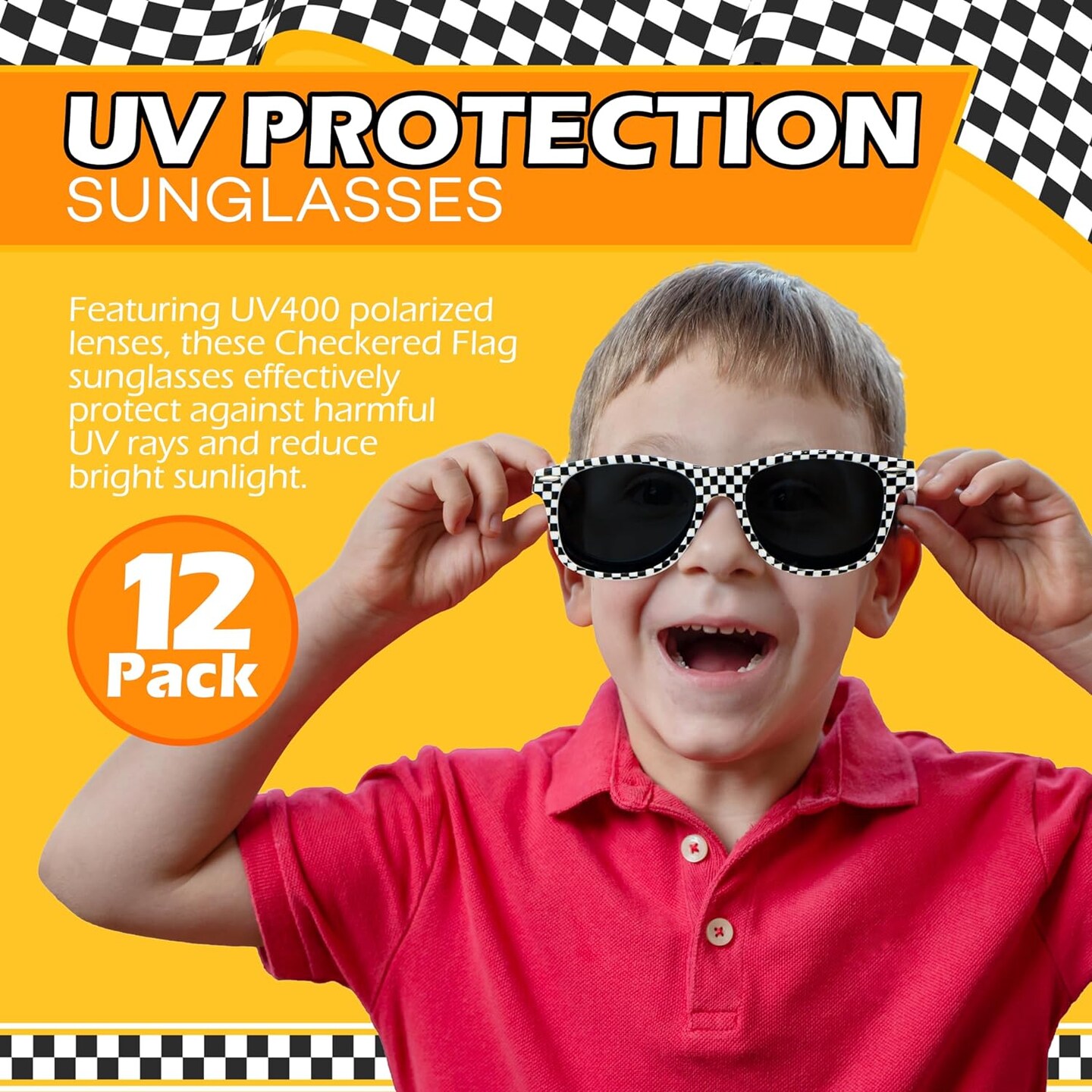4E&#x27;s Novelty 6 Pack Kids Race Car Checkered Sunglasses Bulk with UV400 Protection - Ideal for Race Car Theme Birthday Decor