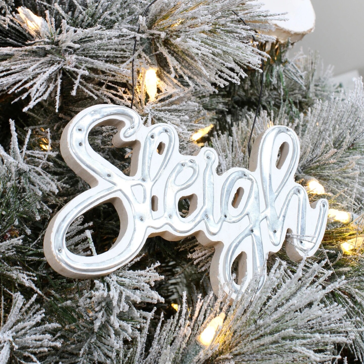 Rustic Galvanized Tin Script Ornaments Jolly Sleigh HoHoHo 3ct