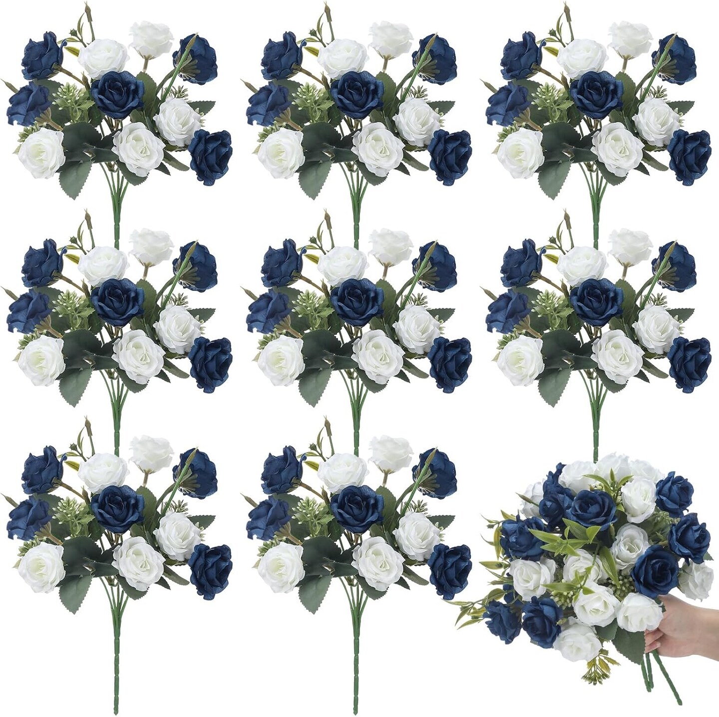 8 Pack 12 Inch Mini Navy Blue and White Artificial Roses Bouquet 80 Heads Fake Silk Roses with Long Stem Rose Flowers Bunches for Baby Shower Party Tables Decorations Cemetery Flowers