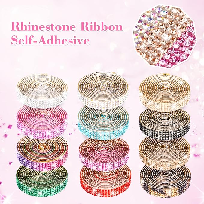Self-Adhesive Crystal Rhinestone Diamond Ribbon – 12 Rolls, 0.9cm Wide, Total 12 Yards, Multi-Functional DIY Decorative Bling Gemstone Tape for Arts & Crafts, Glitter Shoes, Clothes (Assorted Colors)