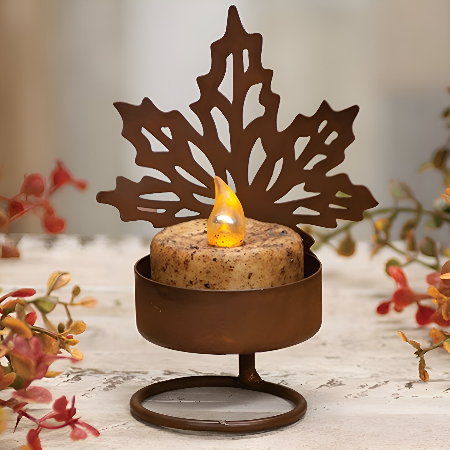 Rustic Brown Metal Tealight Holder, Leaf Design and Fall Decor