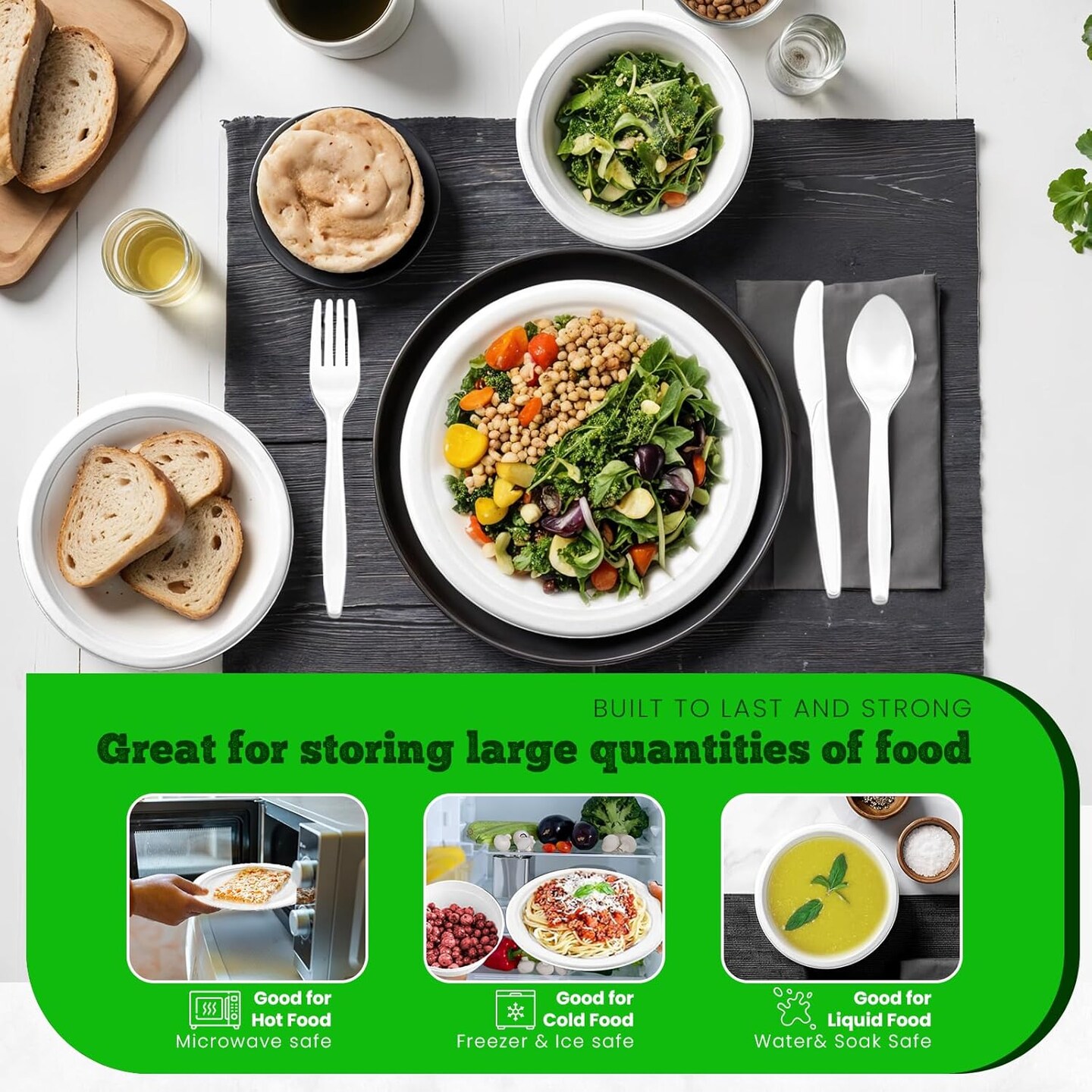 Disposable Plates and bowls set 250 PCS, Compostable Paper Plates with Extra Long Utensils, Microwave Safe Disposable Plates & Cutlery Include Bowls, Forks, Knives and Spoons, 50 Sets Each